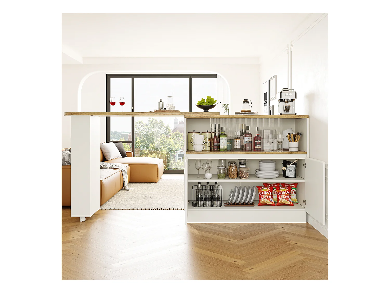 Meuble de bar pivotant avec 4 portes dont 2 portes coulissantes en verre, étagères ouvertes inclus, corps blanc - 120x45x103cm