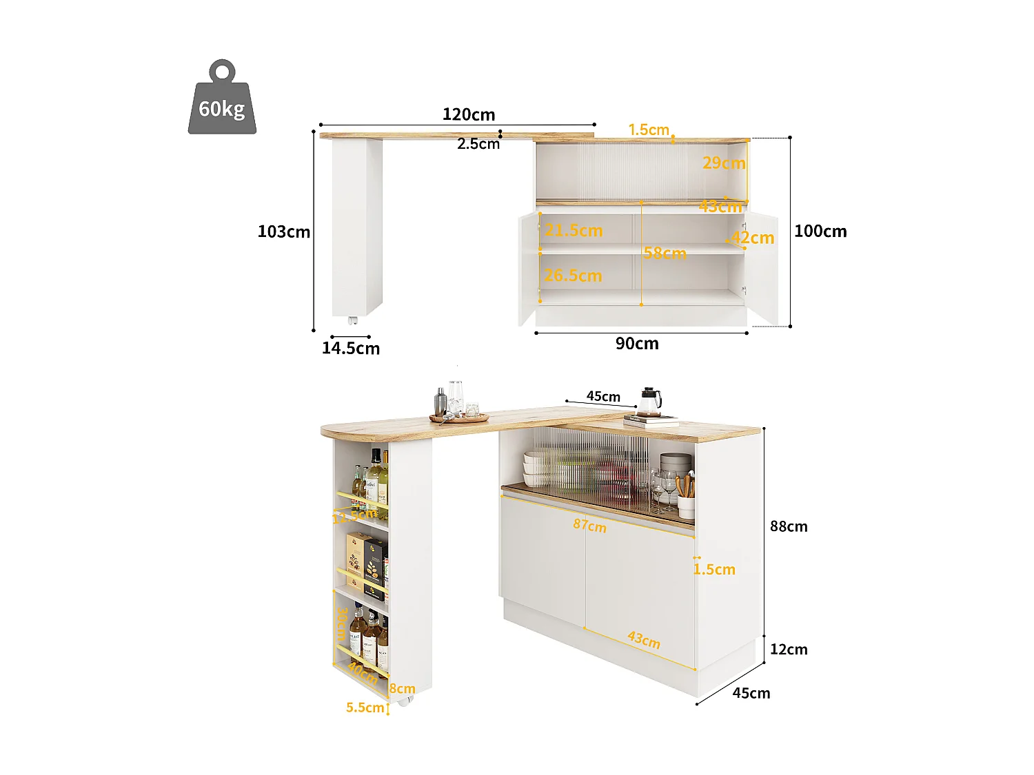 Meuble de bar pivotant avec 4 portes dont 2 portes coulissantes en verre, étagères ouvertes inclus, corps blanc - 120x45x103cm
