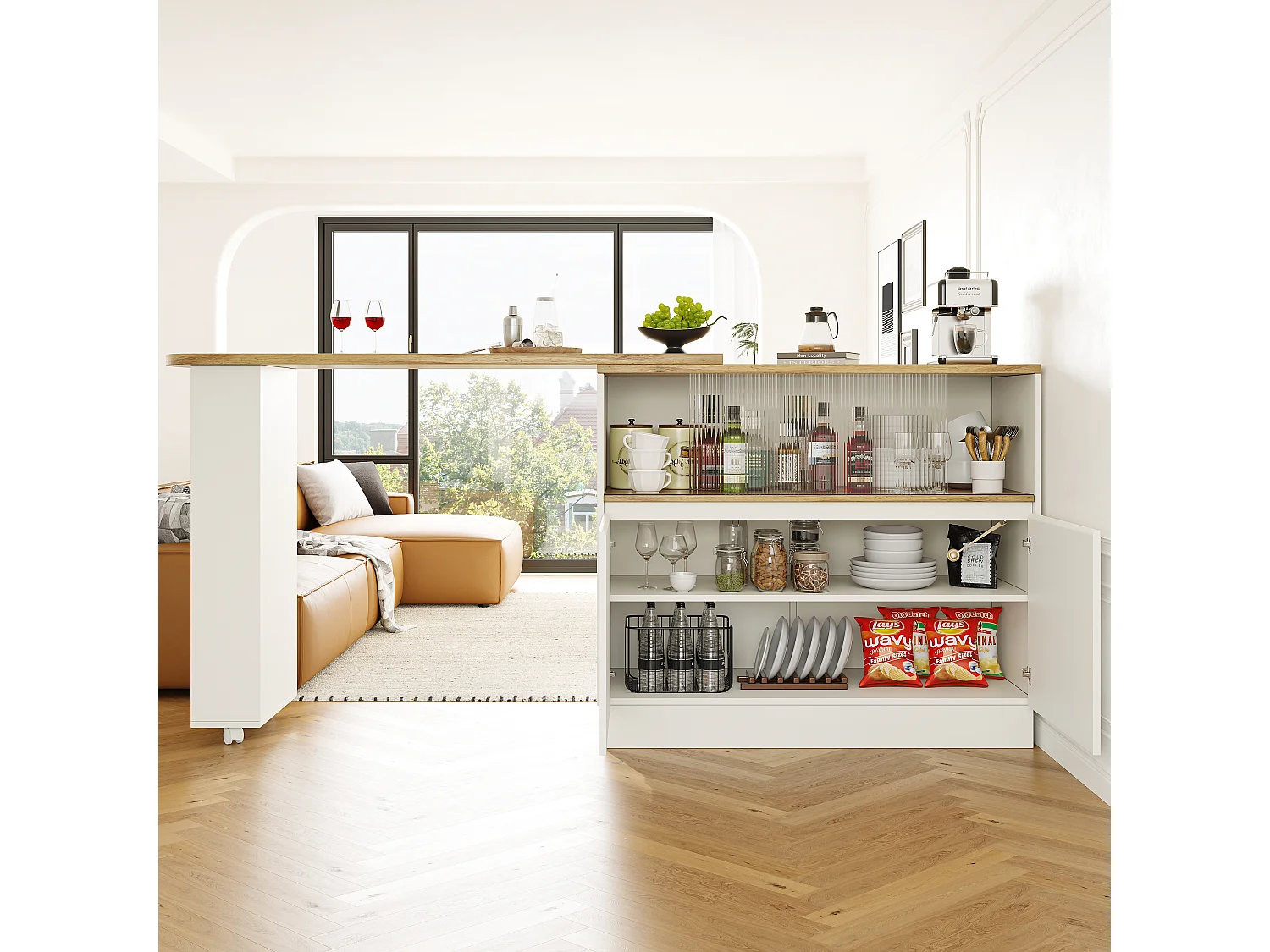 Meuble de bar pivotant avec 4 portes dont 2 portes coulissantes en verre, étagères ouvertes inclus, corps blanc - 120x45x103cm