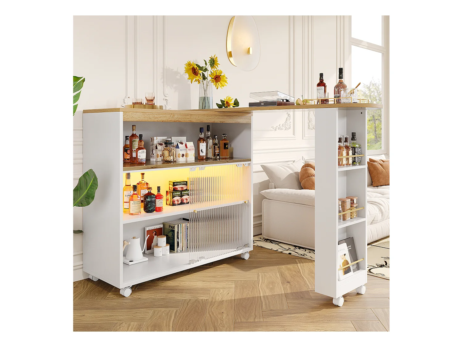 Draaibare barkast op wielen met 2 glazen schuifdeuren, 1 nis en planken, inclusief LED, MDF, wit - 138x39x105cm