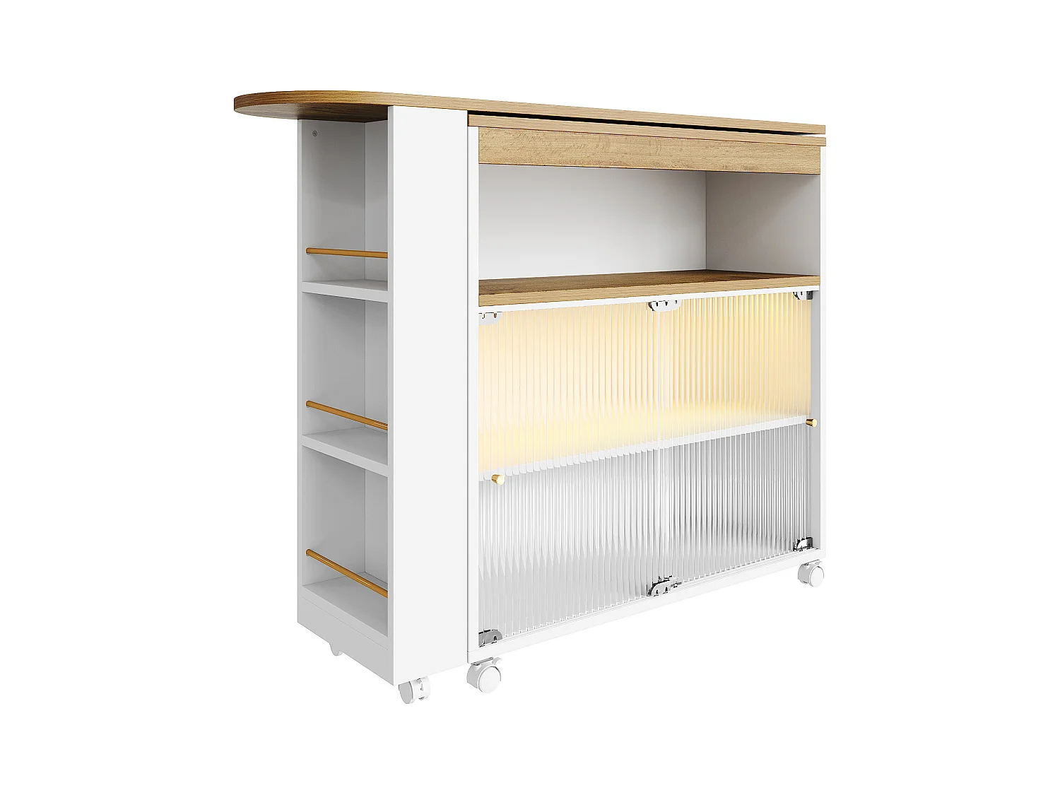 Draaibare barkast op wielen met 2 glazen schuifdeuren, 1 nis en planken, inclusief LED, MDF, wit - 138x39x105cm