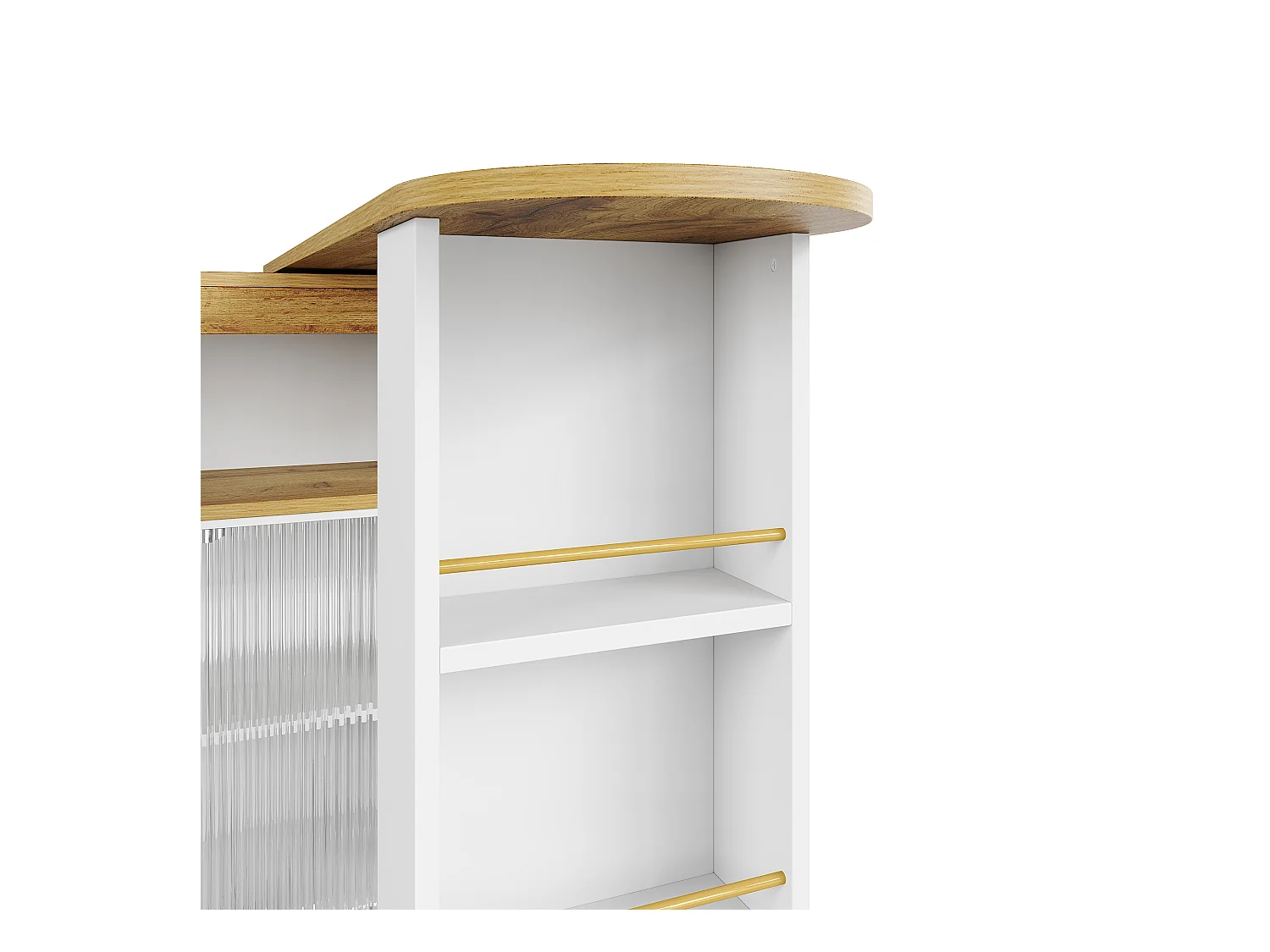 Meuble de bar pivotant sur roulettes avec 2 portes coulissants en verre, 1 niche et Étagères, LED inclus, MDF, blanc - 138x39x105cm