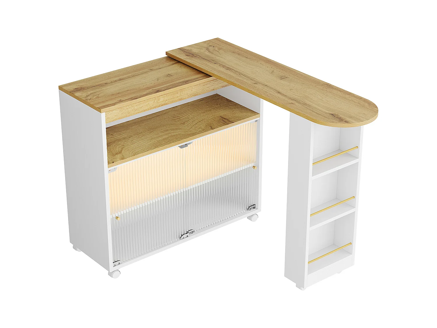 Meuble de bar pivotant sur roulettes avec 2 portes coulissants en verre, 1 niche et Étagères, LED inclus, MDF, blanc - 138x39x105cm