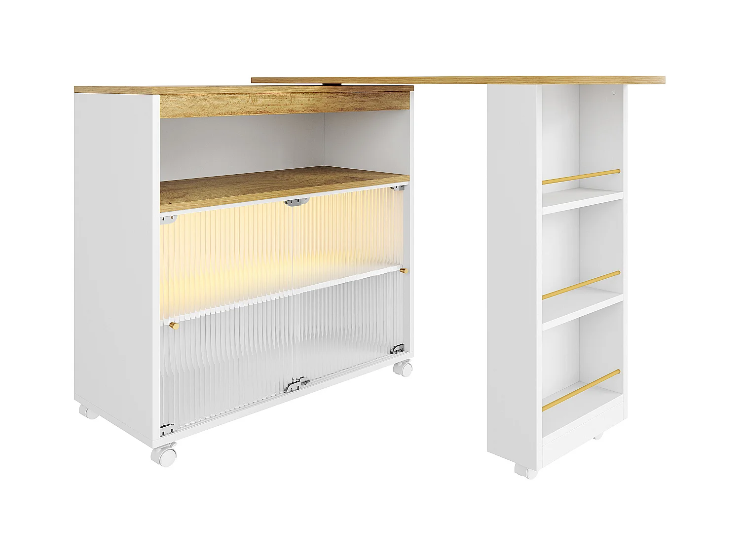 Meuble de bar pivotant sur roulettes avec 2 portes coulissants en verre, 1 niche et Étagères, LED inclus, MDF, blanc - 138x39x105cm