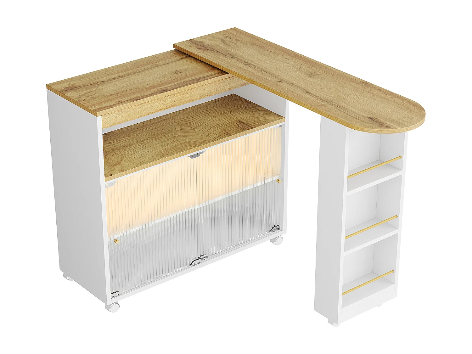 Meuble de bar pivotant sur roulettes avec 2 portes coulissants en verre, 1 niche et Étagères, LED inclus, MDF, blanc - 138x39x105cm