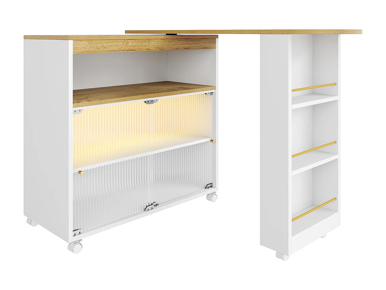 Meuble de bar pivotant sur roulettes avec 2 portes coulissants en verre, 1 niche et Étagères, LED inclus, MDF, blanc - 138x39x105cm