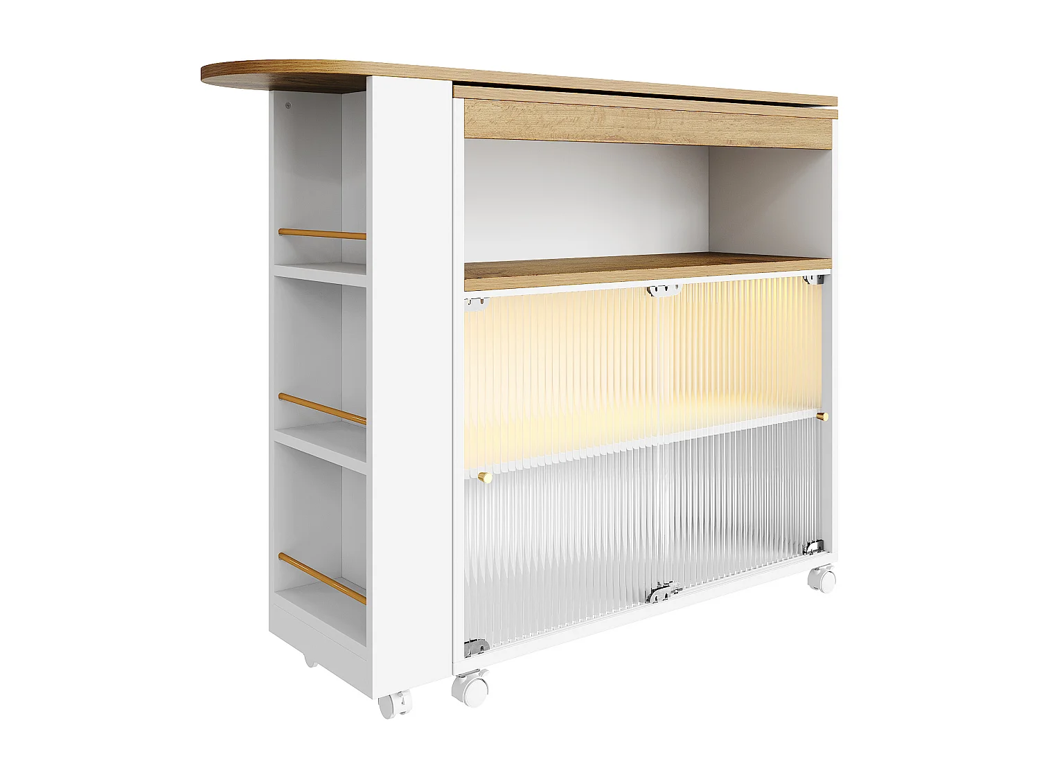 Meuble de bar pivotant sur roulettes avec 2 portes coulissants en verre, 1 niche et Étagères, LED inclus, MDF, blanc - 138x39x105cm