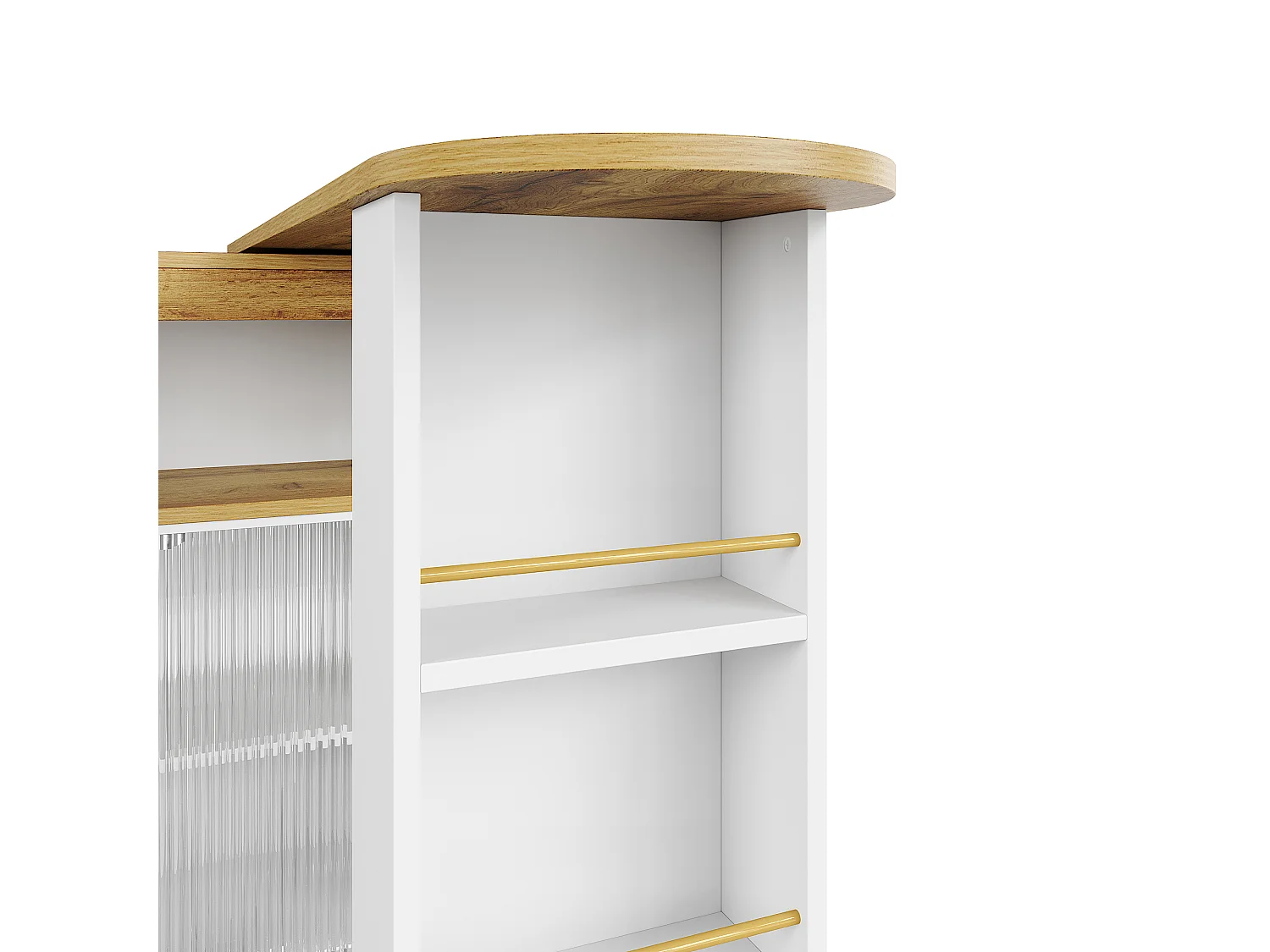 Meuble de bar pivotant sur roulettes avec 2 portes coulissants en verre, 1 niche et Étagères, LED inclus, MDF, blanc - 138x39x105cm