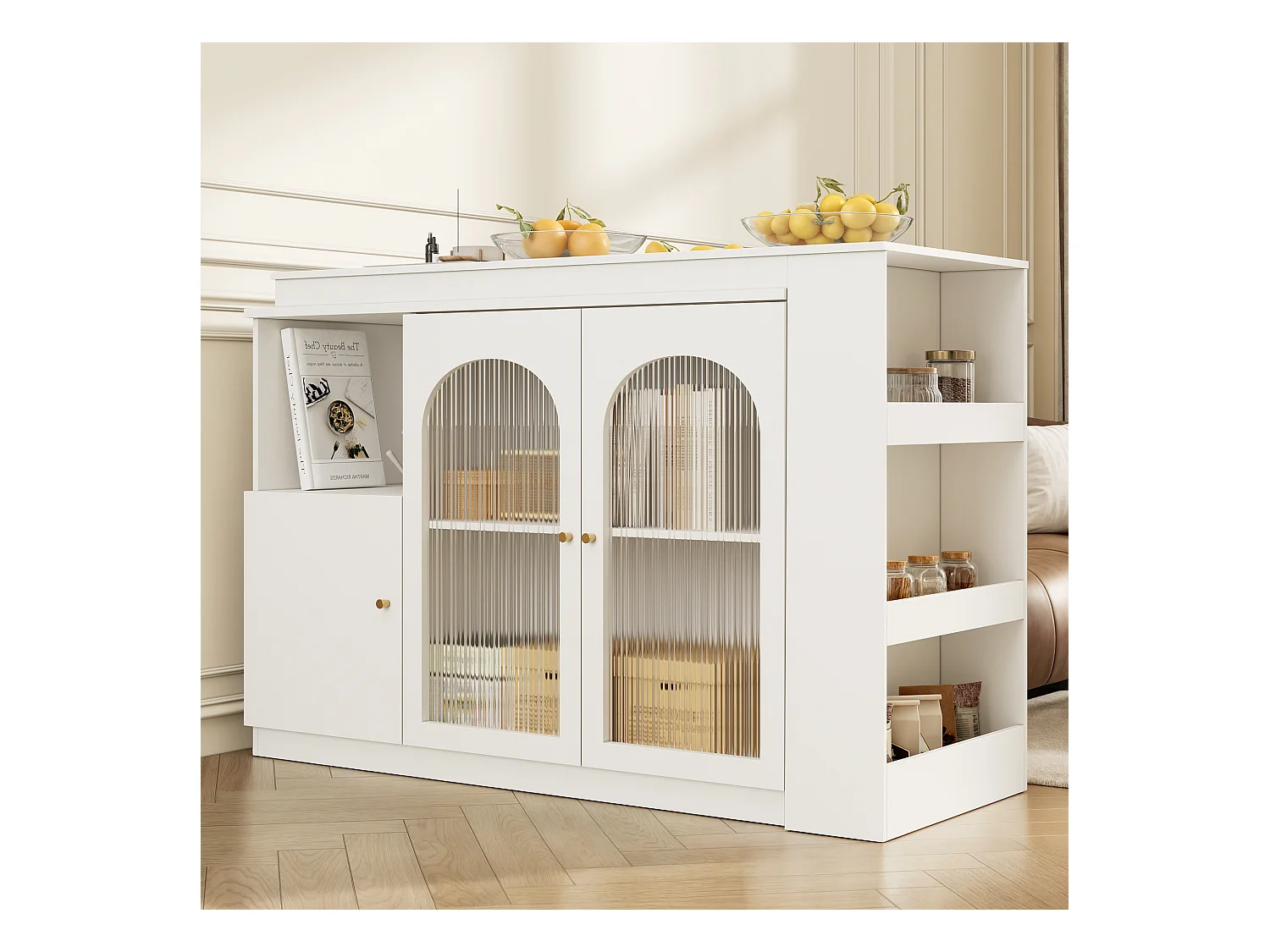 Draaibare barkast met 3 deuren, waarvan 2 glazen deuren, inclusief open planken, witte behuizing - 120x40x103cm