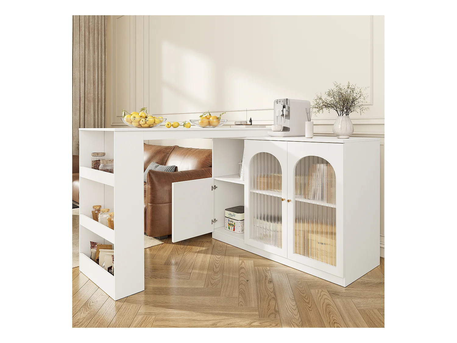 Meuble de bar pivotant avec 3 portes dont 2 portes en verre, étagères ouvertes inclus, corps blanc - 120x40x103cm