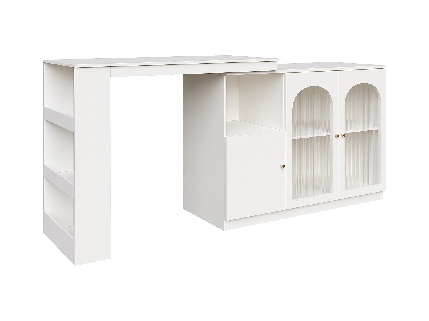 Meuble de bar pivotant avec 3 portes dont 2 portes en verre, étagères ouvertes inclus, corps blanc - 120x40x103cm