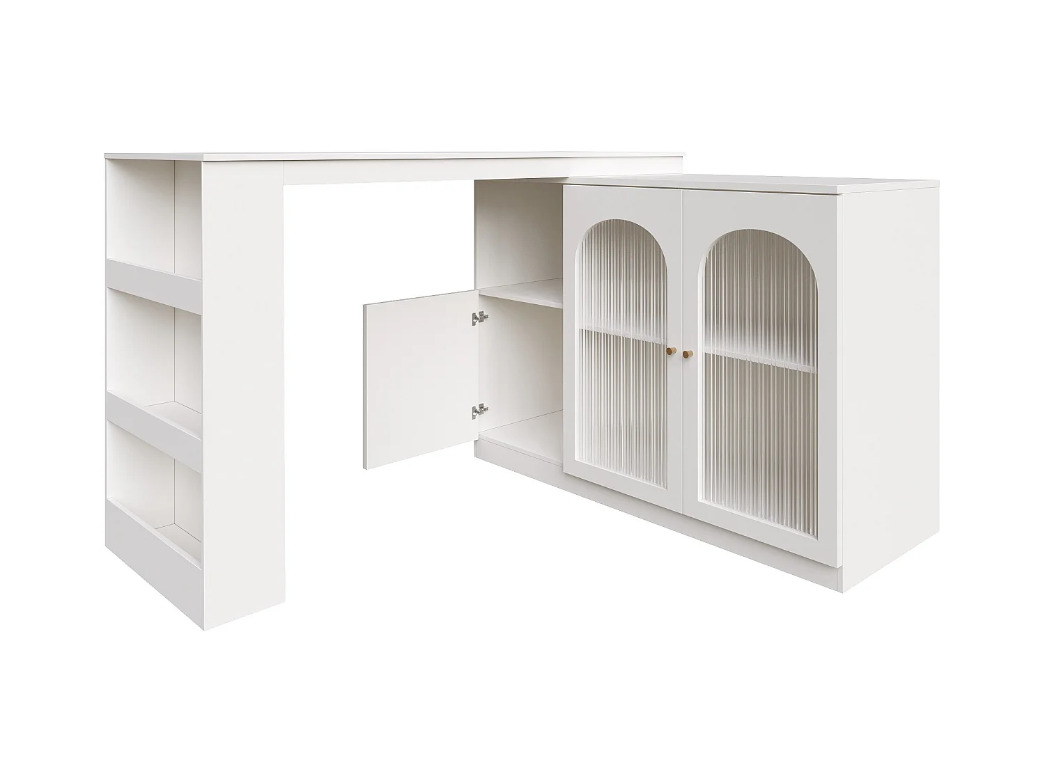 Meuble de bar pivotant avec 3 portes dont 2 portes en verre, étagères ouvertes inclus, corps blanc - 120x40x103cm