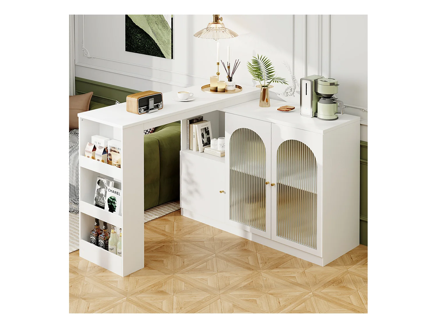 Meuble de bar pivotant avec 3 portes dont 2 portes en verre, étagères ouvertes inclus, corps blanc - 120x40x103cm