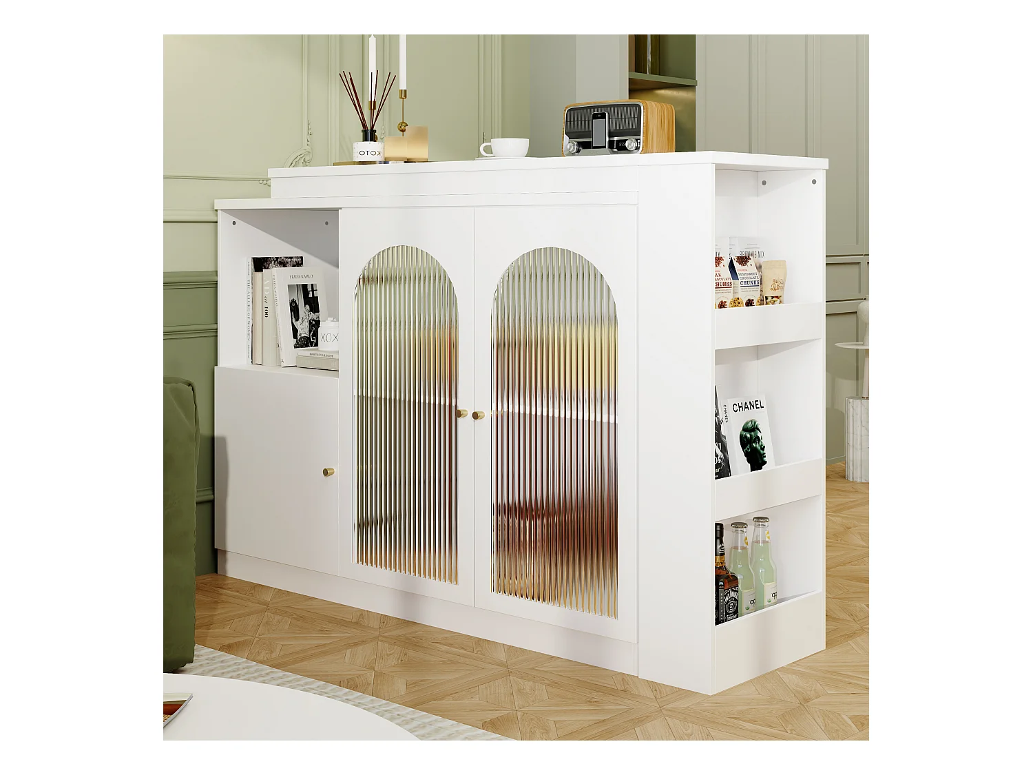 Meuble de bar pivotant avec 3 portes dont 2 portes en verre, étagères ouvertes inclus, corps blanc - 120x40x103cm