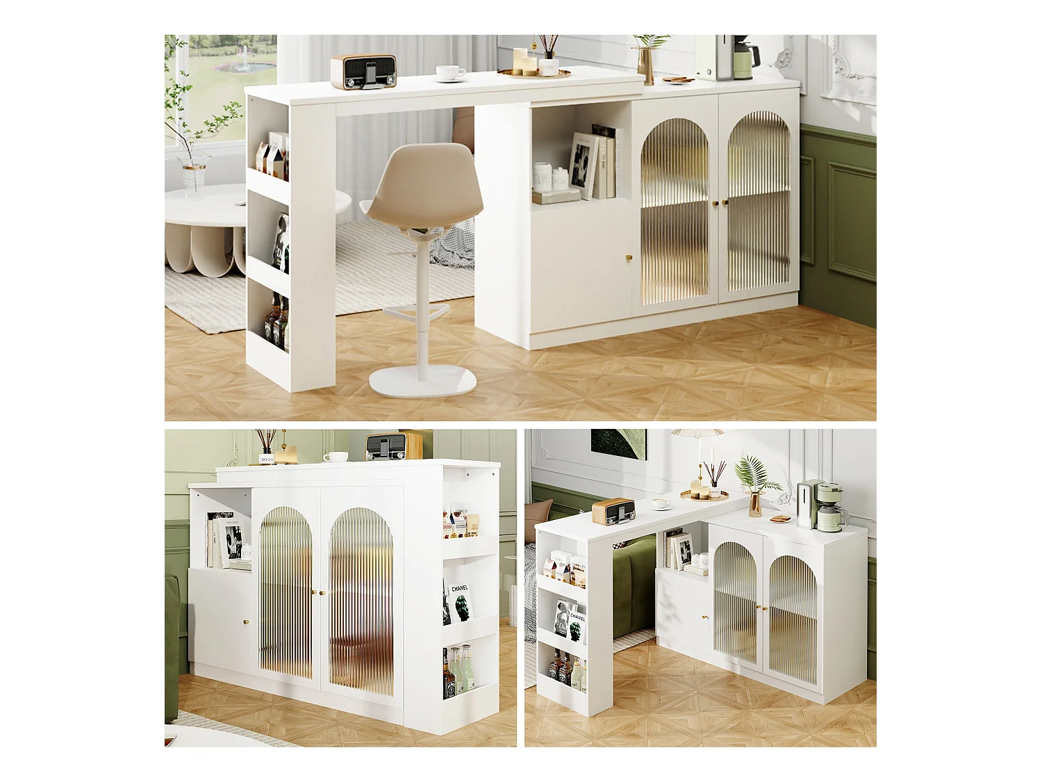 Meuble de bar pivotant avec 3 portes dont 2 portes en verre, étagères ouvertes inclus, corps blanc - 120x40x103cm