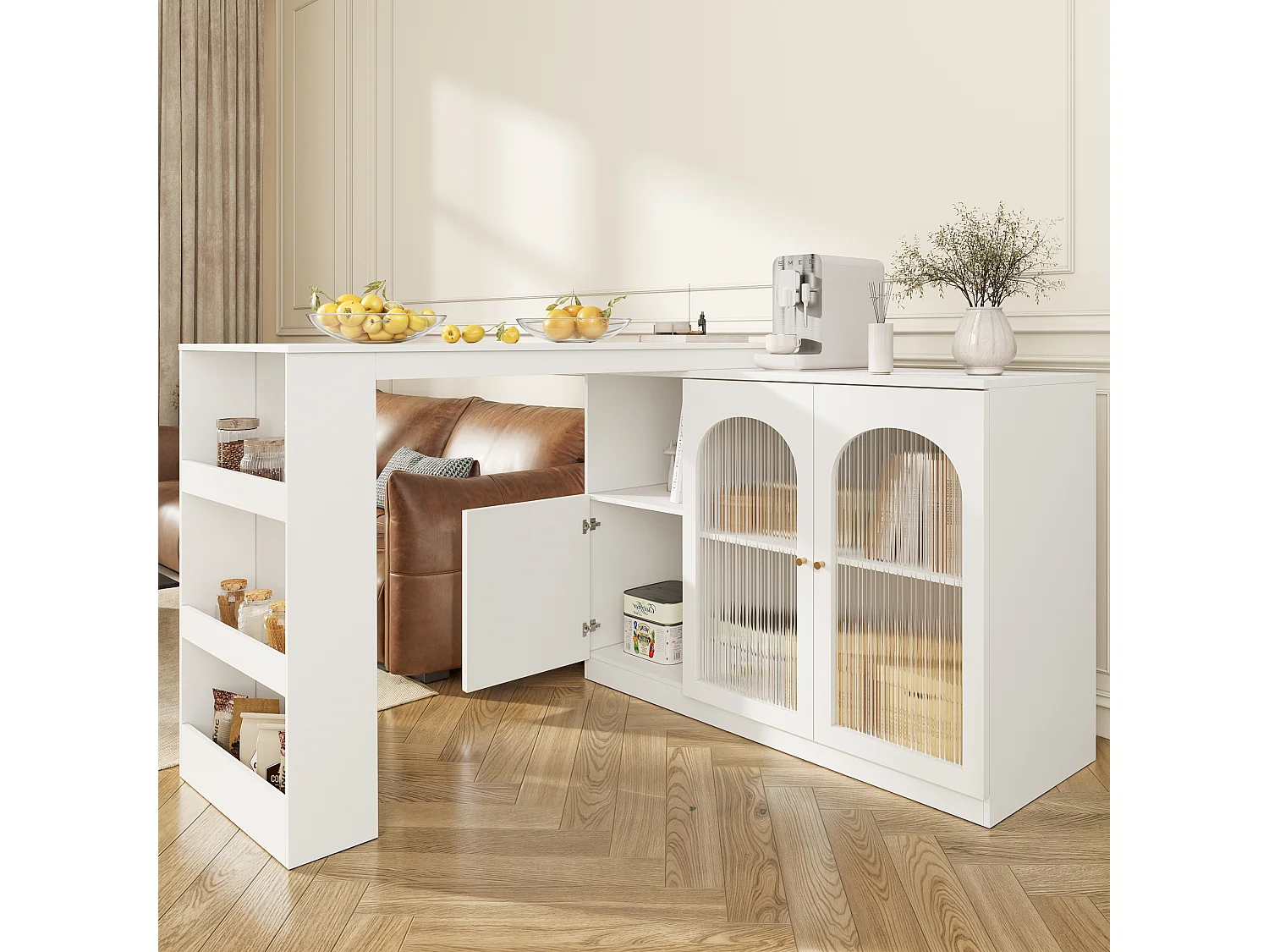 Meuble de bar pivotant avec 3 portes dont 2 portes en verre, étagères ouvertes inclus, corps blanc - 120x40x103cm