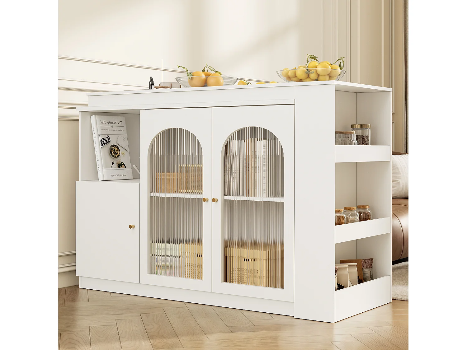 Meuble de bar pivotant avec 3 portes dont 2 portes en verre, étagères ouvertes inclus, corps blanc - 120x40x103cm