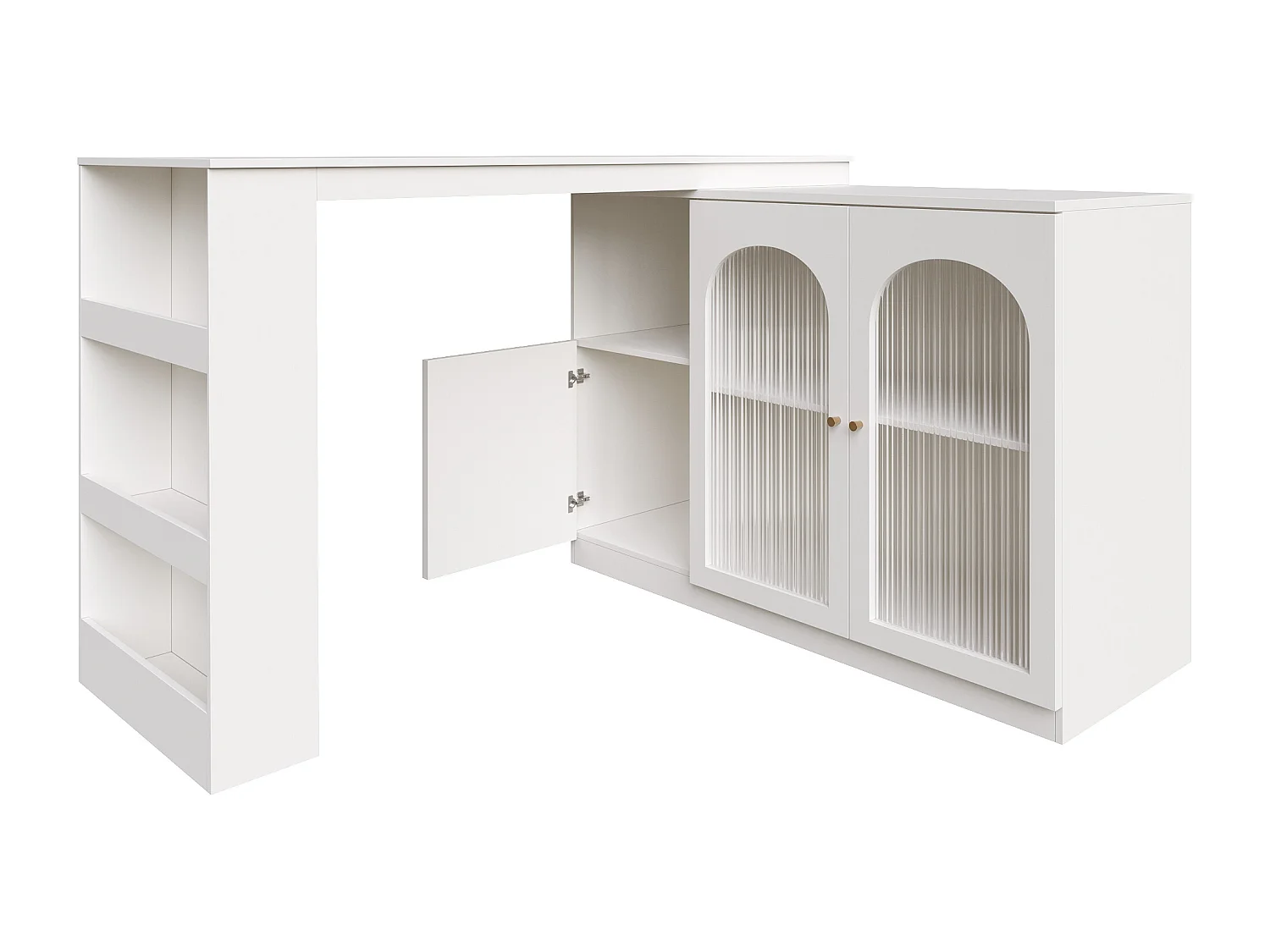 Meuble de bar pivotant avec 3 portes dont 2 portes en verre, étagères ouvertes inclus, corps blanc - 120x40x103cm