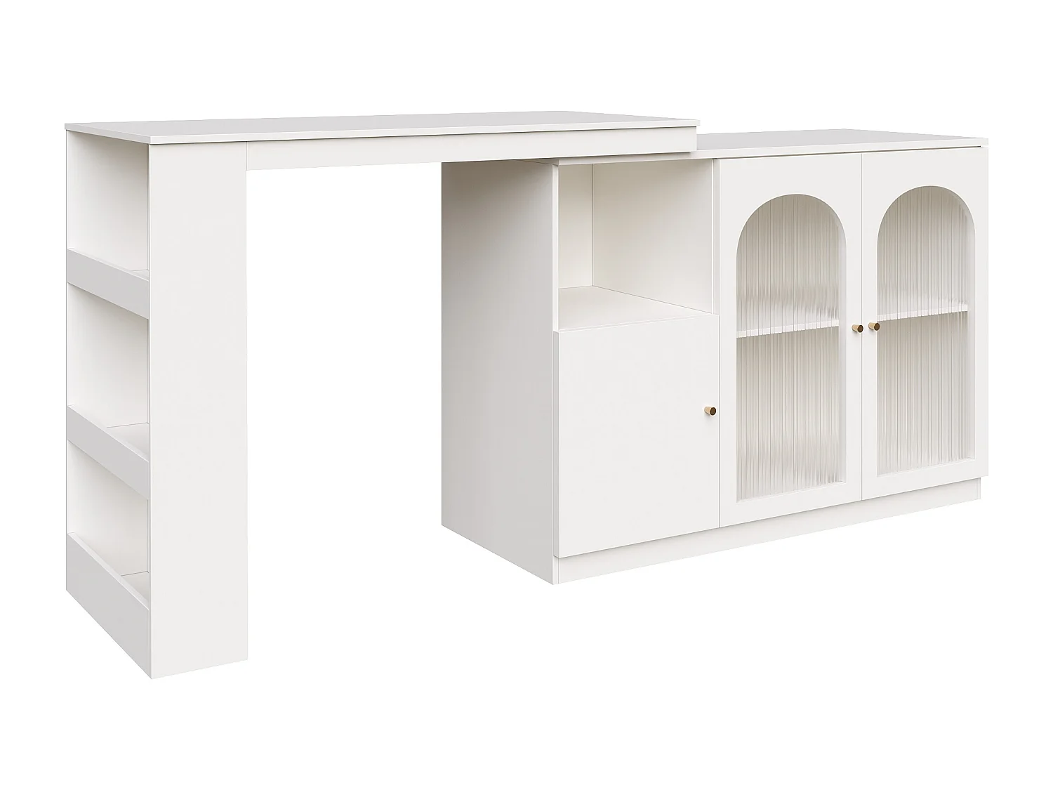 Meuble de bar pivotant avec 3 portes dont 2 portes en verre, étagères ouvertes inclus, corps blanc - 120x40x103cm