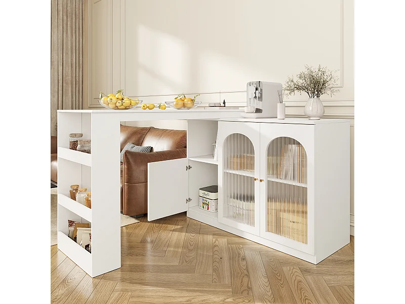 Meuble de bar pivotant avec 3 portes dont 2 portes en verre, étagères ouvertes inclus, corps blanc - 120x40x103cm