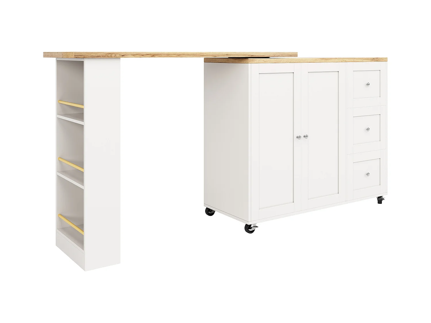 Meuble de bar pivotant sur roulettes avec 2 portes, 3 tiroirs et Étagères,plateau en placage bois naturel clair, corps blanc - 209x39x106cm