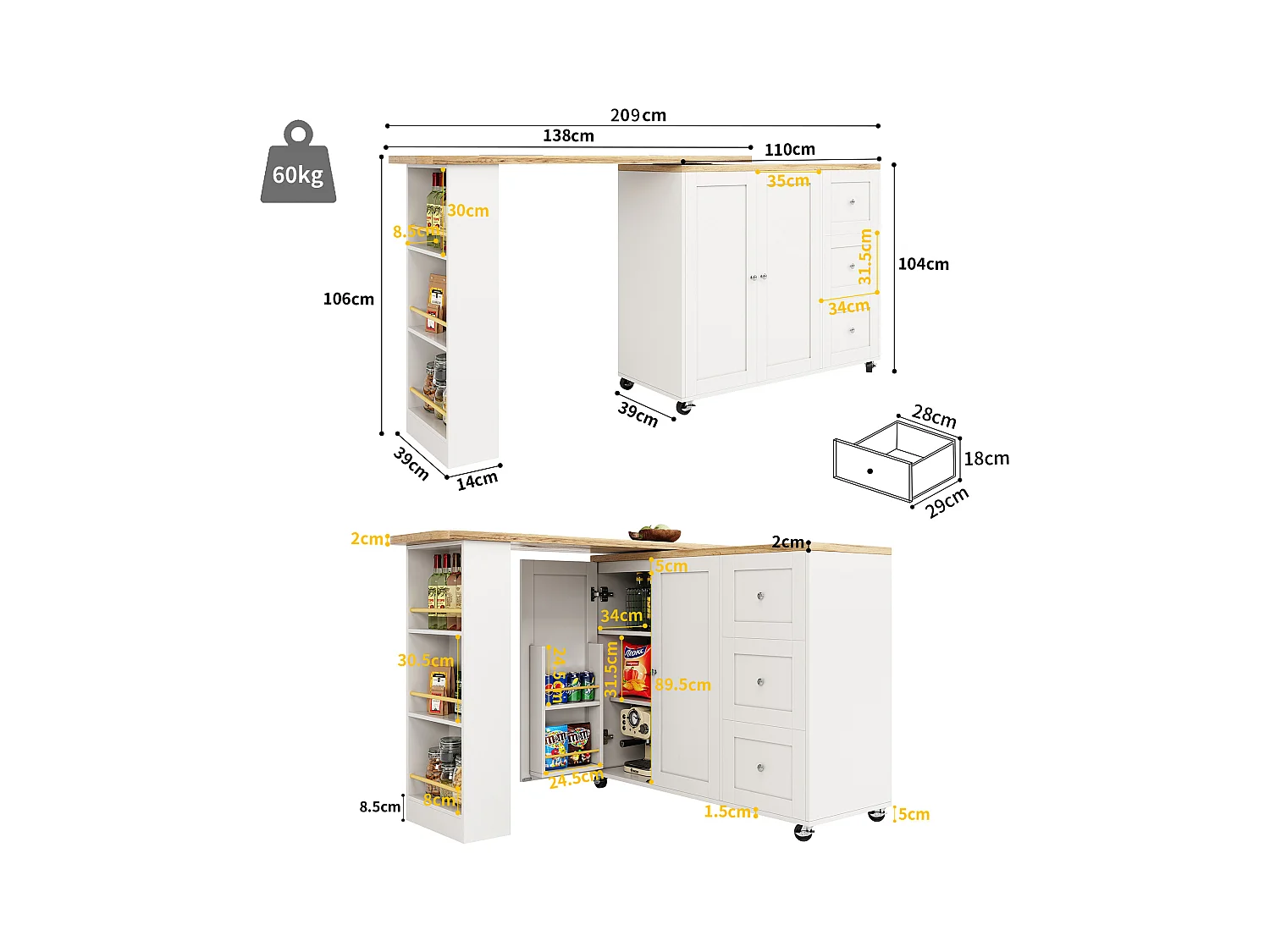 Meuble de bar pivotant sur roulettes avec 2 portes, 3 tiroirs et Étagères,plateau en placage bois naturel clair, corps blanc - 209x39x106cm