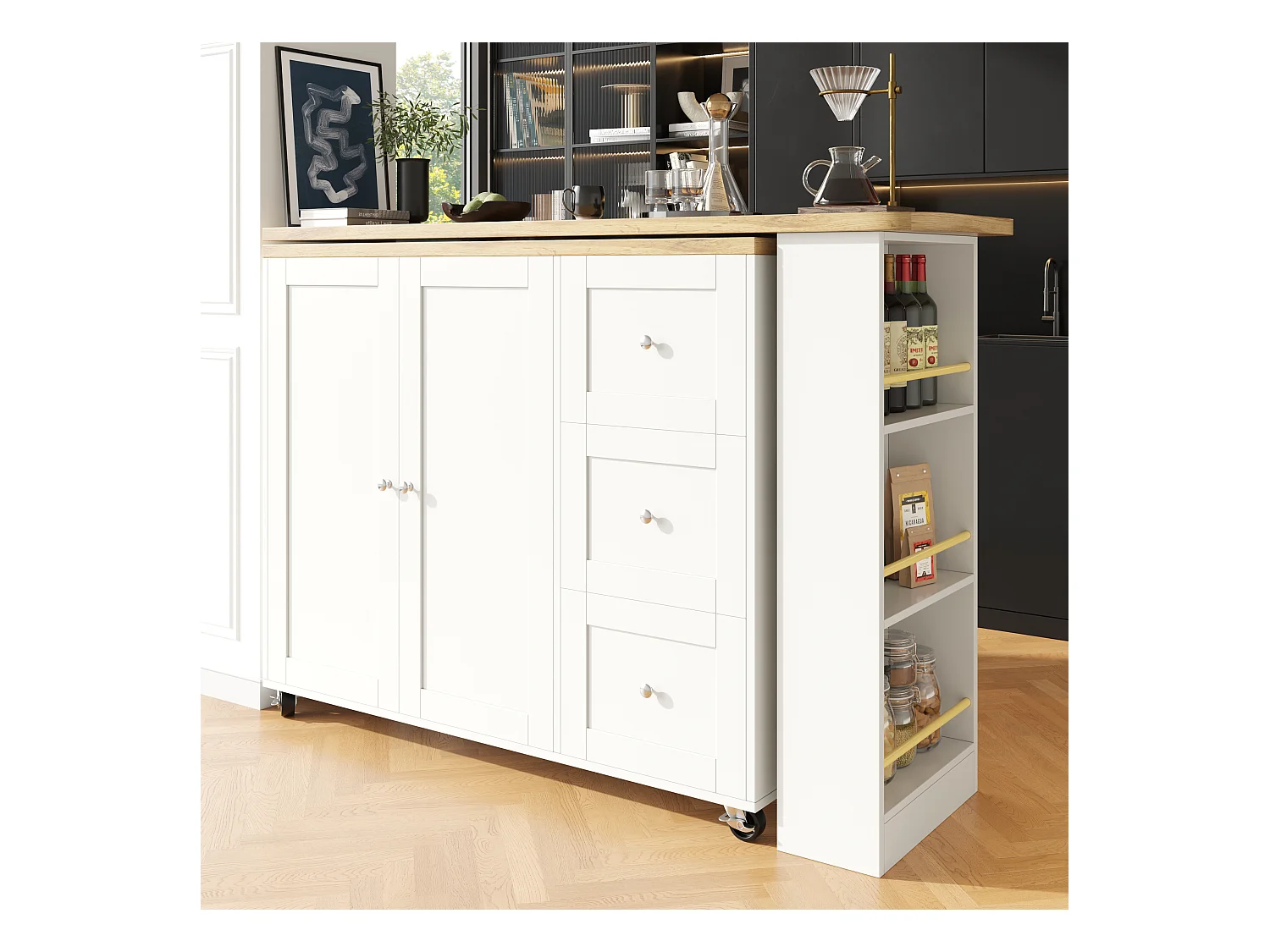 Meuble de bar pivotant sur roulettes avec 2 portes, 3 tiroirs et Étagères,plateau en placage bois naturel clair, corps blanc - 209x39x106cm