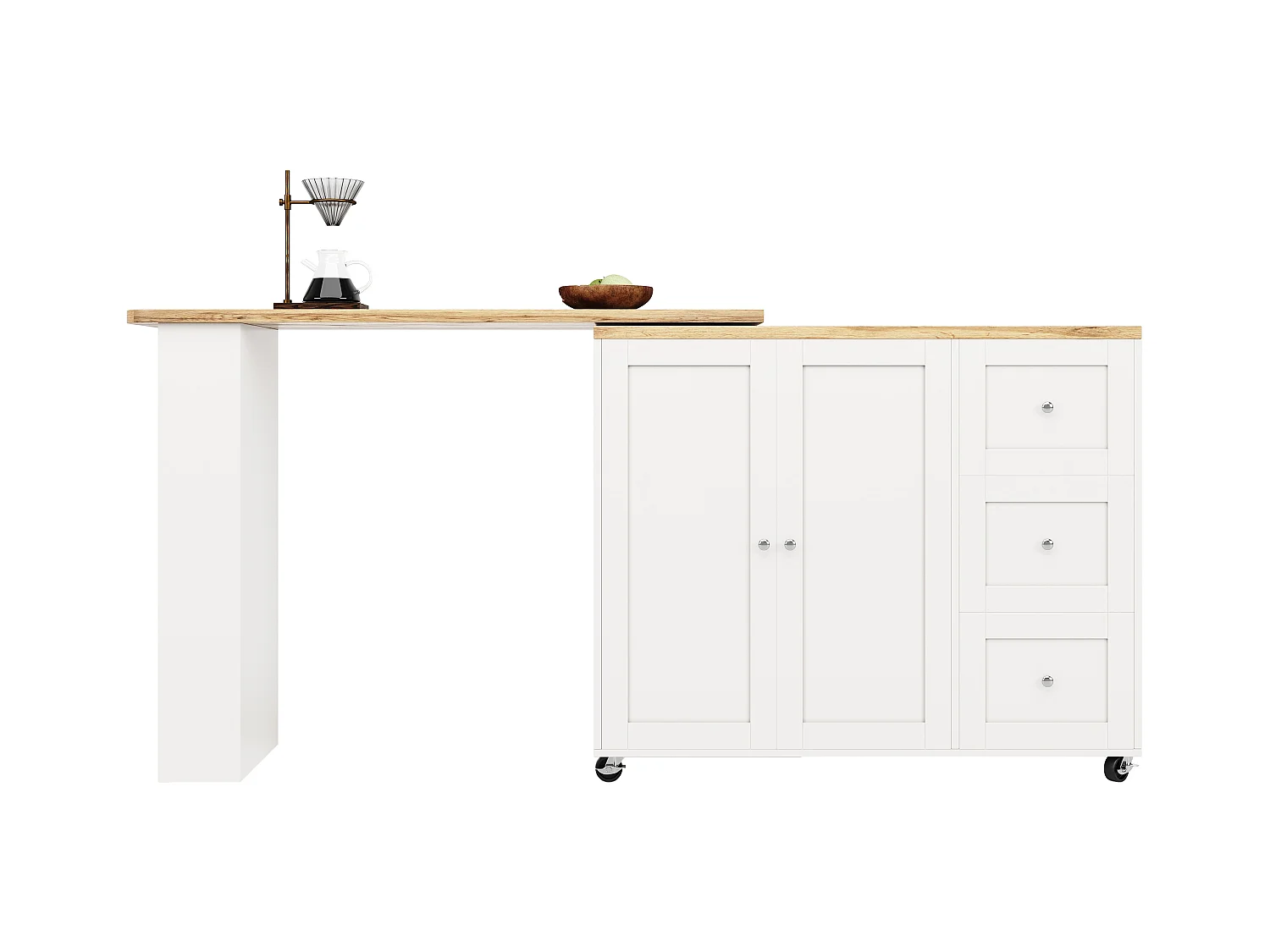 Meuble de bar pivotant sur roulettes avec 2 portes, 3 tiroirs et Étagères,plateau en placage bois naturel clair, corps blanc - 209x39x106cm