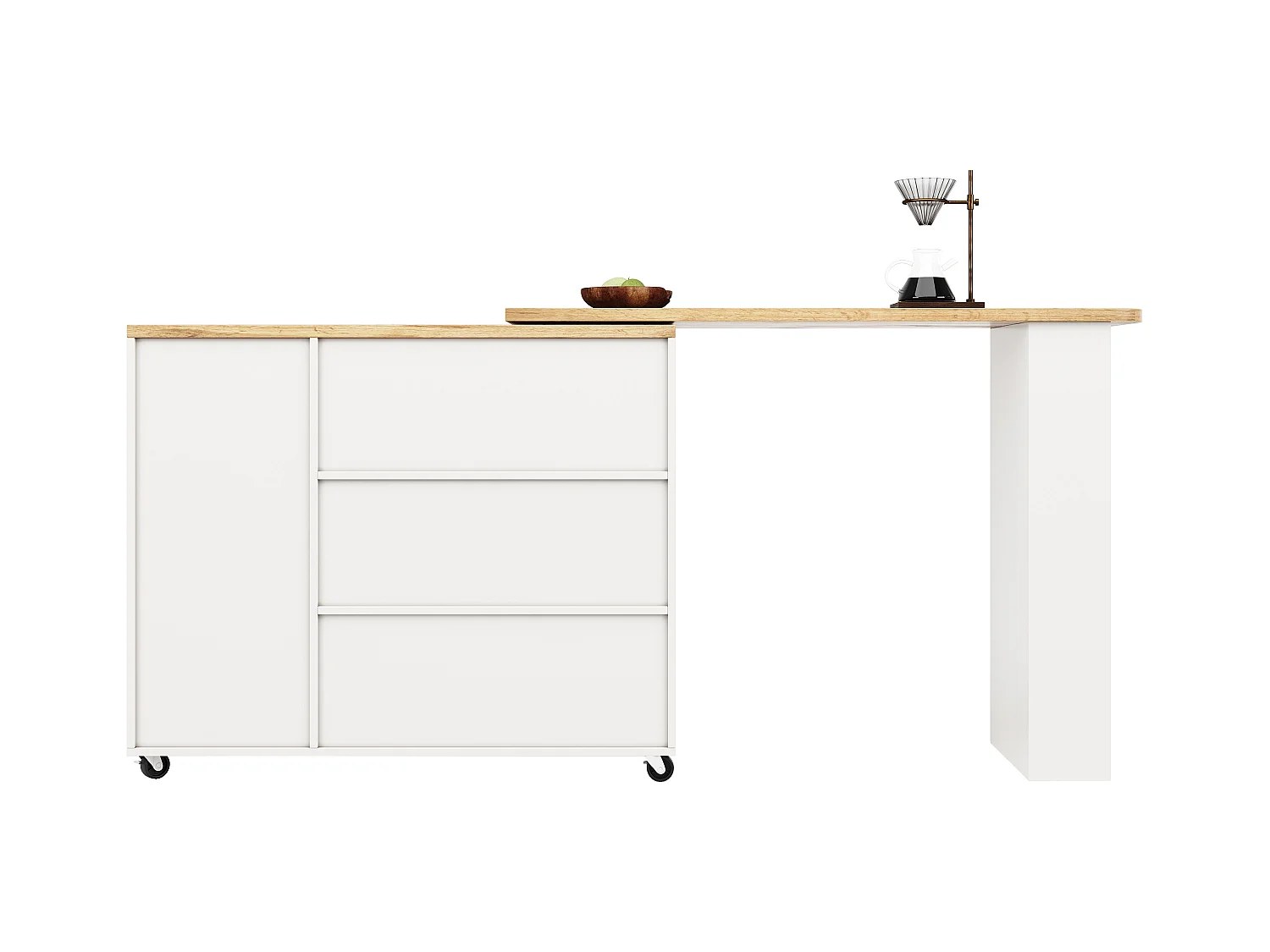 Meuble de bar pivotant sur roulettes avec 2 portes, 3 tiroirs et Étagères,plateau en placage bois naturel clair, corps blanc - 209x39x106cm