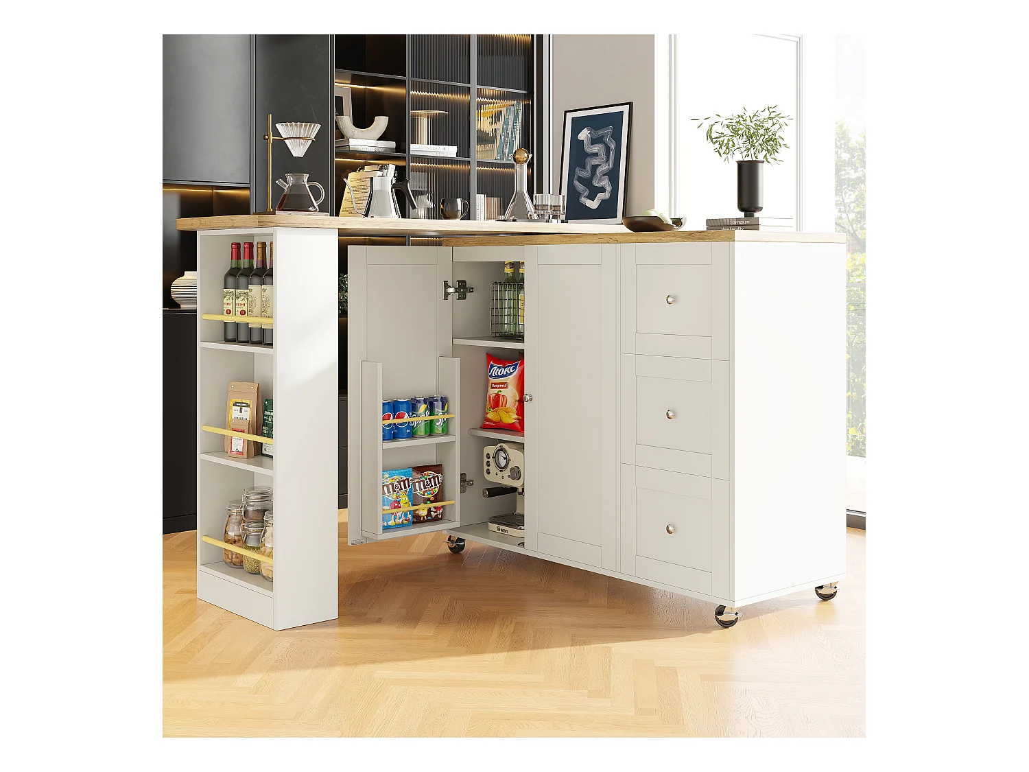 Meuble de bar pivotant sur roulettes avec 2 portes, 3 tiroirs et Étagères,plateau en placage bois naturel clair, corps blanc - 209x39x106cm