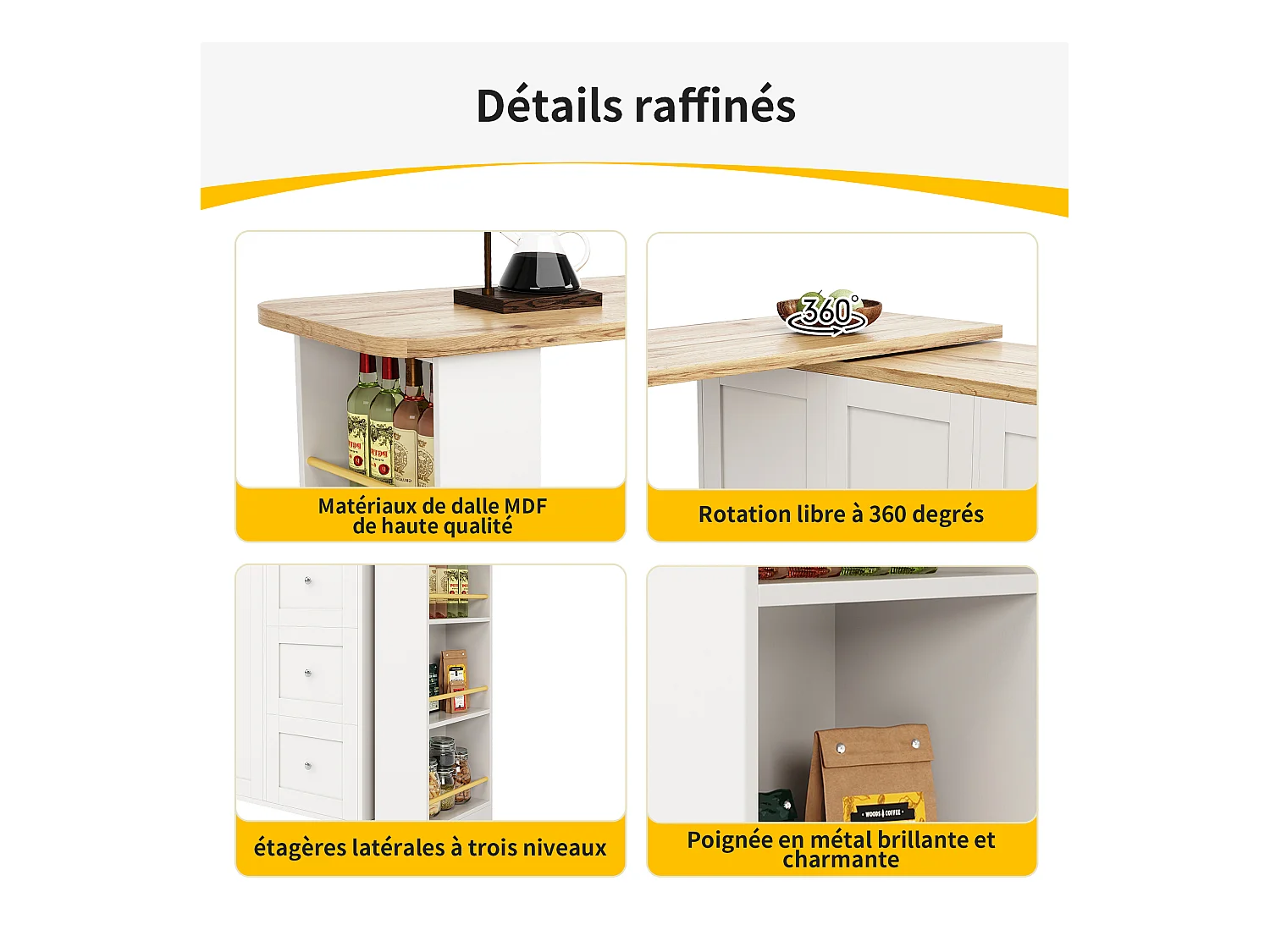 Meuble de bar pivotant sur roulettes avec 2 portes, 3 tiroirs et Étagères,plateau en placage bois naturel clair, corps blanc - 209x39x106cm