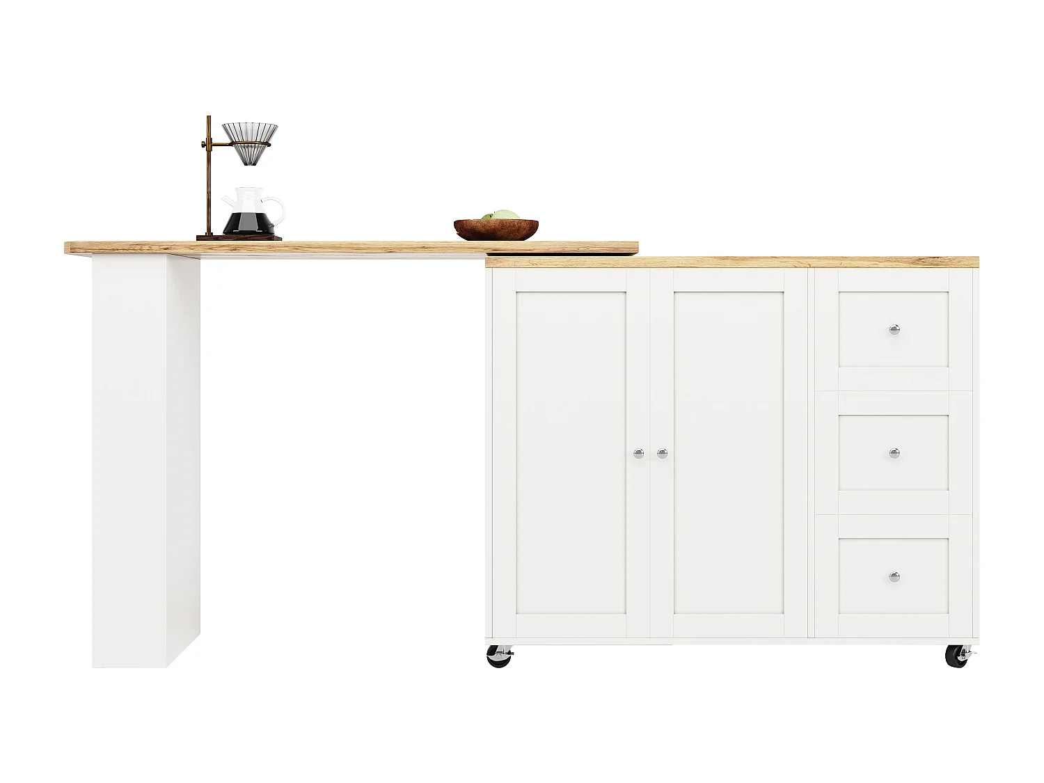 Meuble de bar pivotant sur roulettes avec 2 portes, 3 tiroirs et Étagères,plateau en placage bois naturel clair, corps blanc - 209x39x106cm