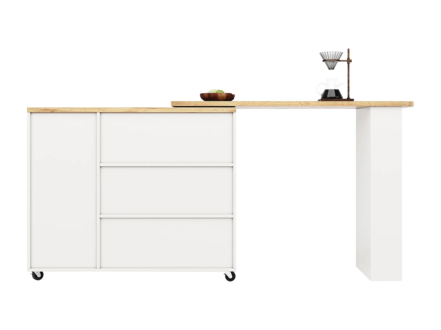 Meuble de bar pivotant sur roulettes avec 2 portes, 3 tiroirs et Étagères,plateau en placage bois naturel clair, corps blanc - 209x39x106cm