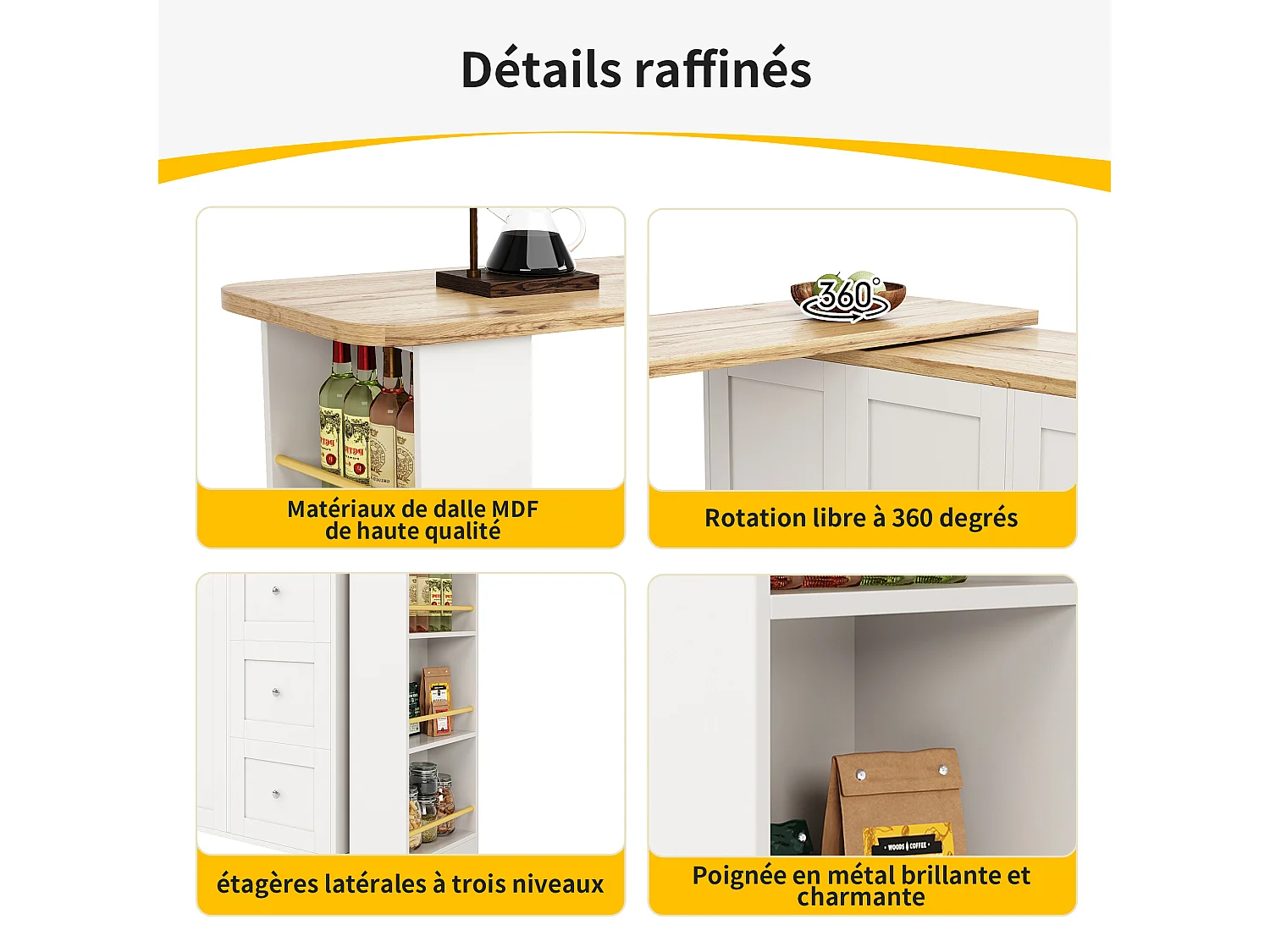 Meuble de bar pivotant sur roulettes avec 2 portes, 3 tiroirs et Étagères,plateau en placage bois naturel clair, corps blanc - 209x39x106cm