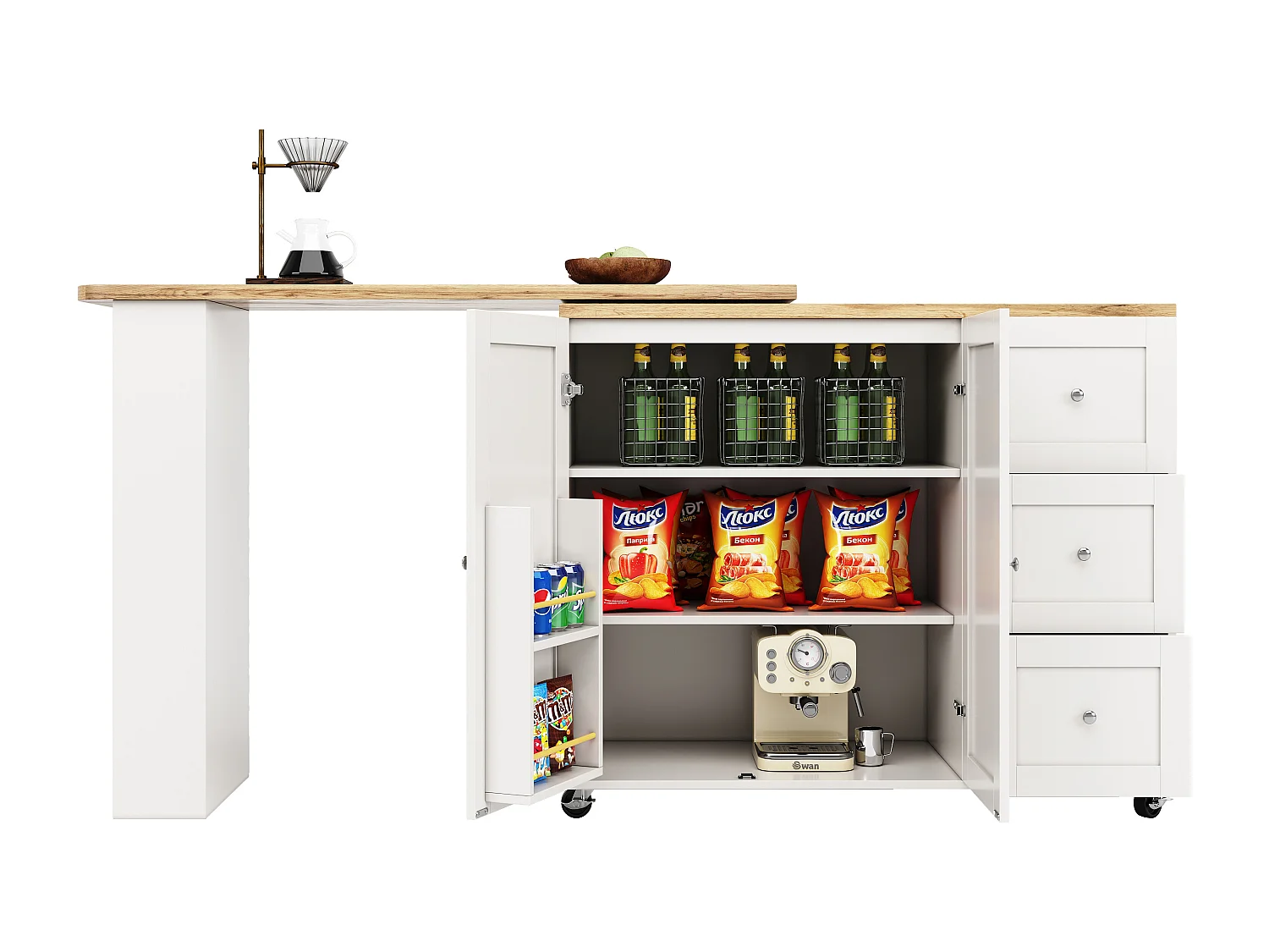 Meuble de bar pivotant sur roulettes avec 2 portes, 3 tiroirs et Étagères,plateau en placage bois naturel clair, corps blanc - 209x39x106cm