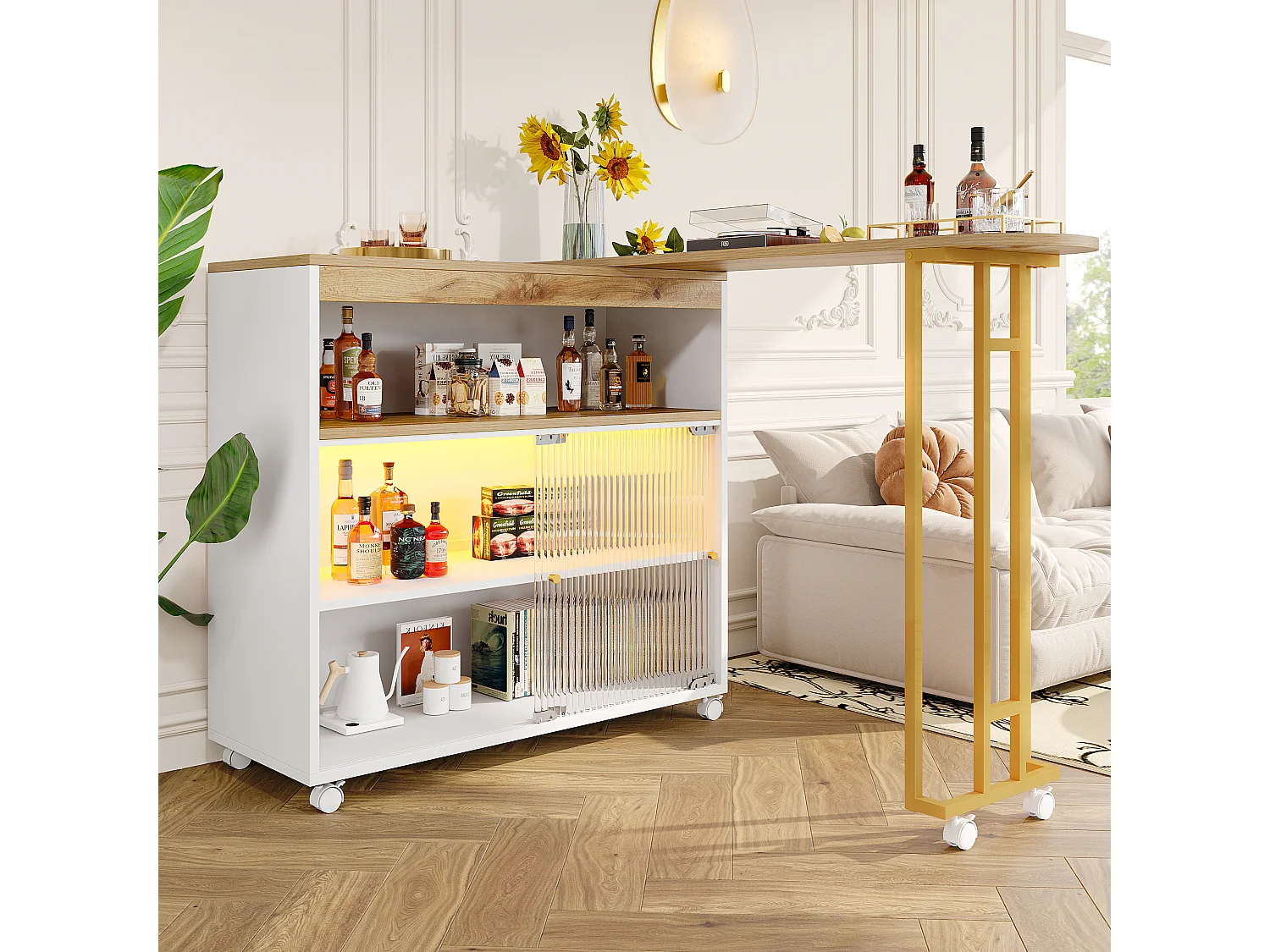 Meuble de bar pivotant sur roulettes avec 2 portes coulissants en verre et 1 niche, LED inclus, MDF, blanc - 138x39x105cm