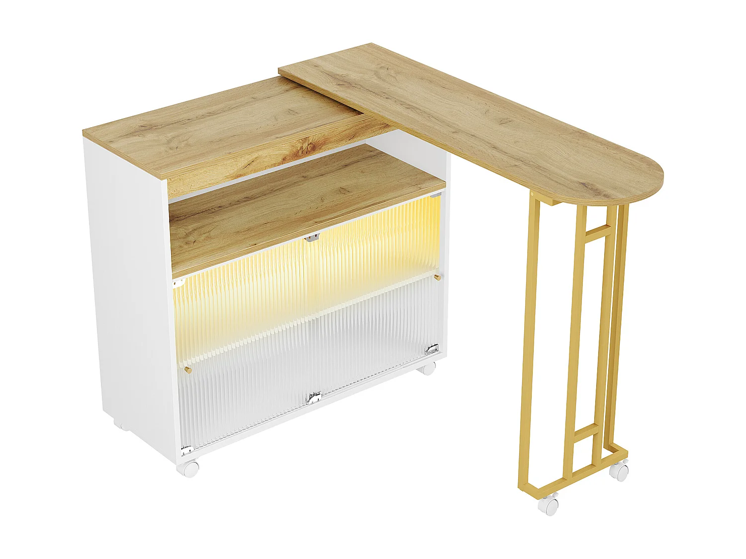 Meuble de bar pivotant sur roulettes avec 2 portes coulissants en verre et 1 niche, LED inclus, MDF, blanc - 138x39x105cm