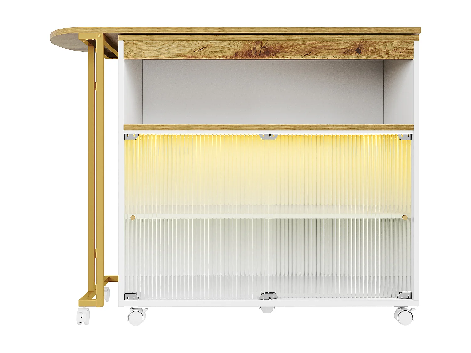 Meuble de bar pivotant sur roulettes avec 2 portes coulissants en verre et 1 niche, LED inclus, MDF, blanc - 138x39x105cm