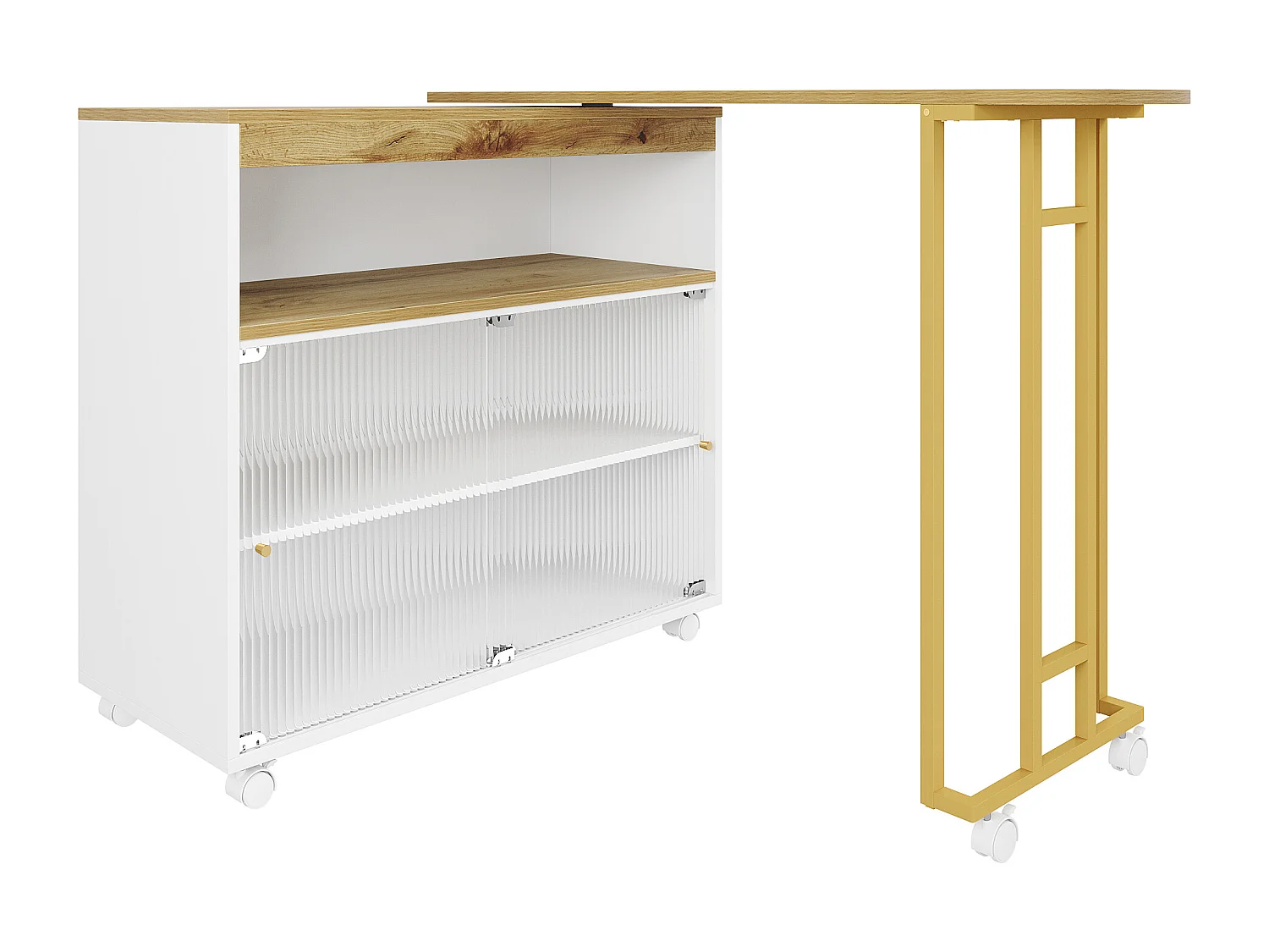 Meuble de bar pivotant sur roulettes avec 2 portes coulissants en verre et 1 niche, LED inclus, MDF, blanc - 138x39x105cm
