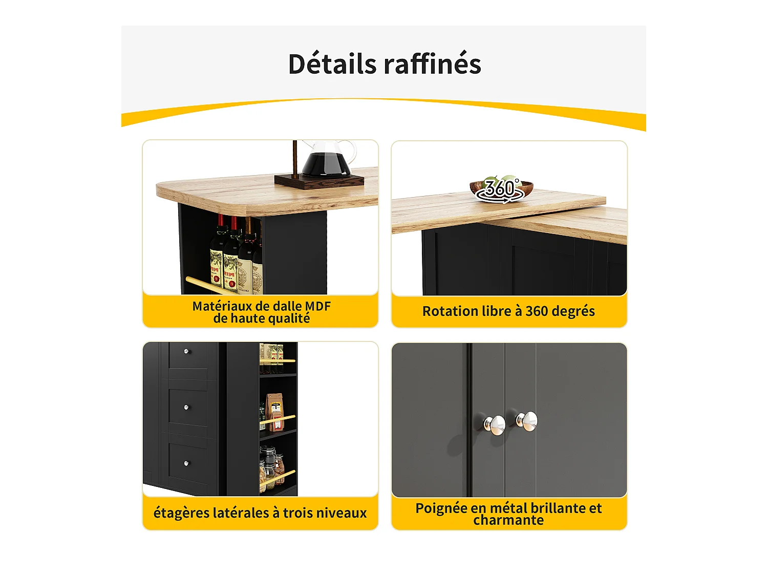 Meuble de bar pivotant sur roulettes avec 2 portes, 3 tiroirs et Étagères,plateau en placage bois naturel clair, corps noir - 209x39x106cm