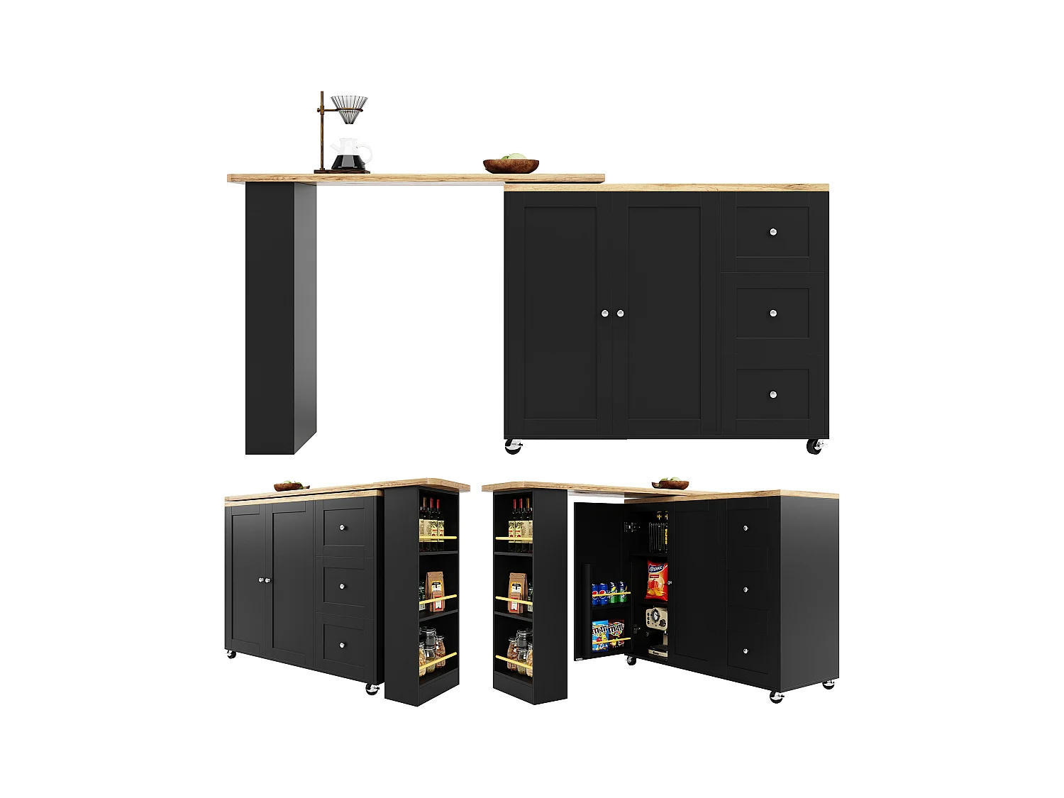 Meuble de bar pivotant sur roulettes avec 2 portes, 3 tiroirs et Étagères,plateau en placage bois naturel clair, corps noir - 209x39x106cm