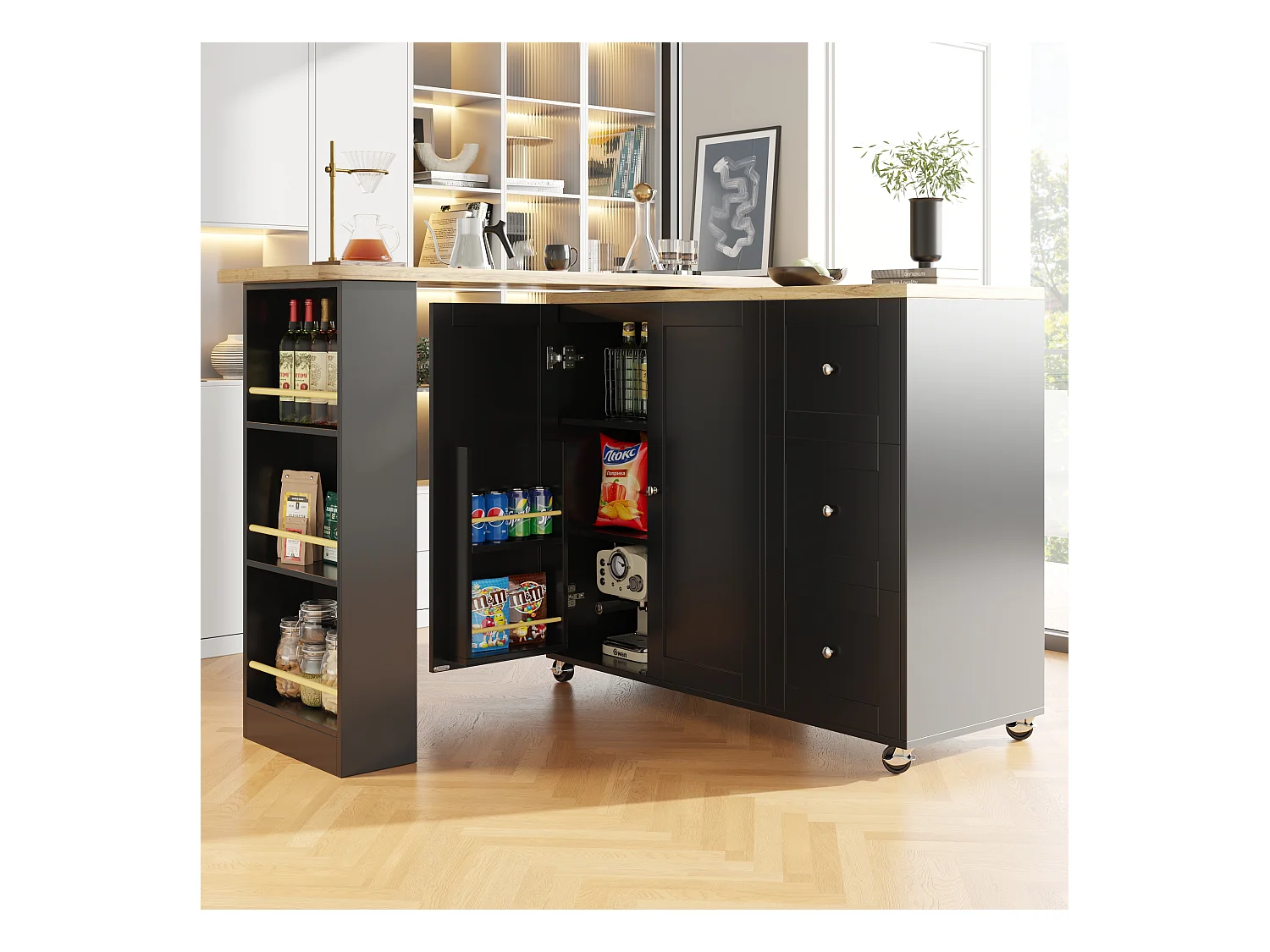 Meuble de bar pivotant sur roulettes avec 2 portes, 3 tiroirs et Étagères,plateau en placage bois naturel clair, corps noir - 209x39x106cm