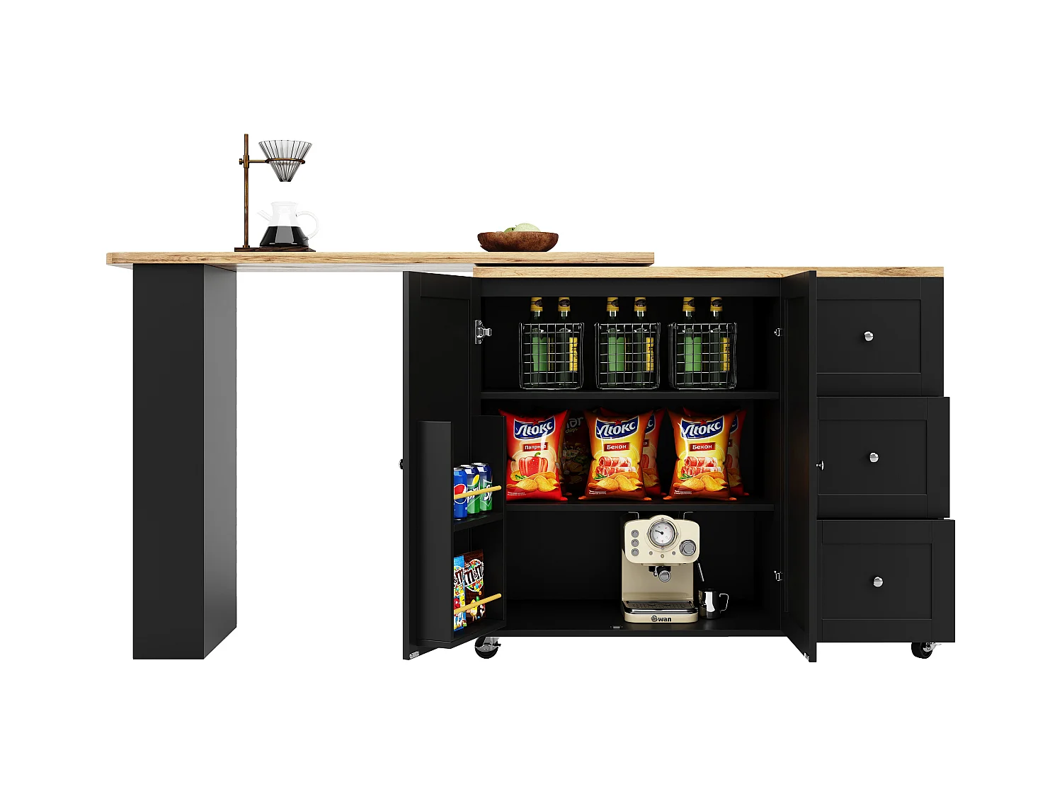 Meuble de bar pivotant sur roulettes avec 2 portes, 3 tiroirs et Étagères,plateau en placage bois naturel clair, corps noir - 209x39x106cm