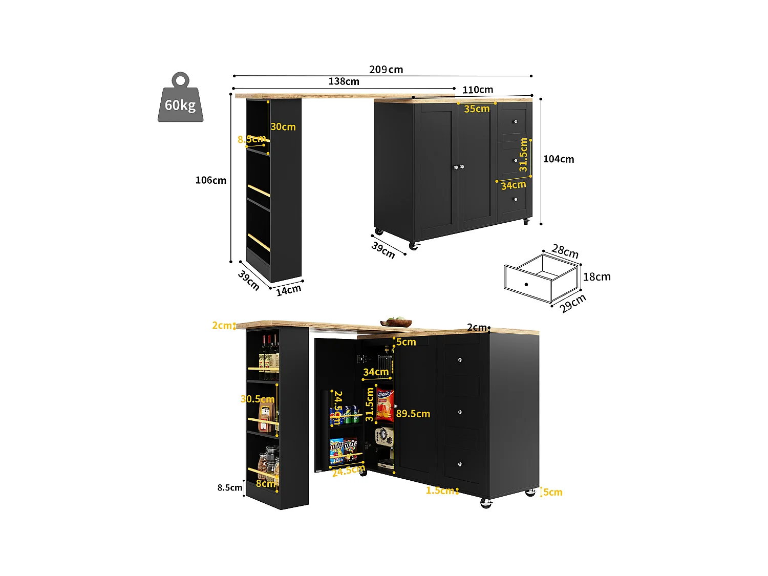 Meuble de bar pivotant sur roulettes avec 2 portes, 3 tiroirs et Étagères,plateau en placage bois naturel clair, corps noir - 209x39x106cm