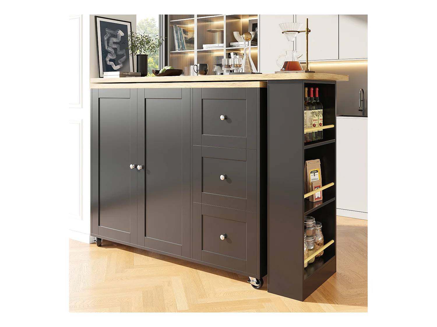 Meuble de bar pivotant sur roulettes avec 2 portes, 3 tiroirs et Étagères,plateau en placage bois naturel clair, corps noir - 209x39x106cm