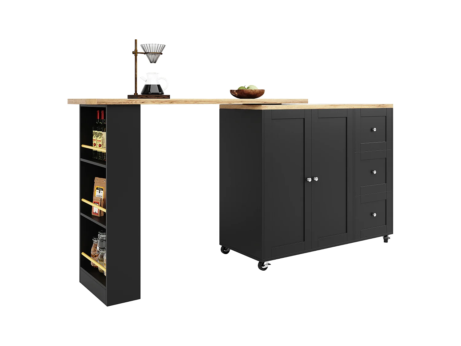 Meuble de bar pivotant sur roulettes avec 2 portes, 3 tiroirs et Étagères,plateau en placage bois naturel clair, corps noir - 209x39x106cm