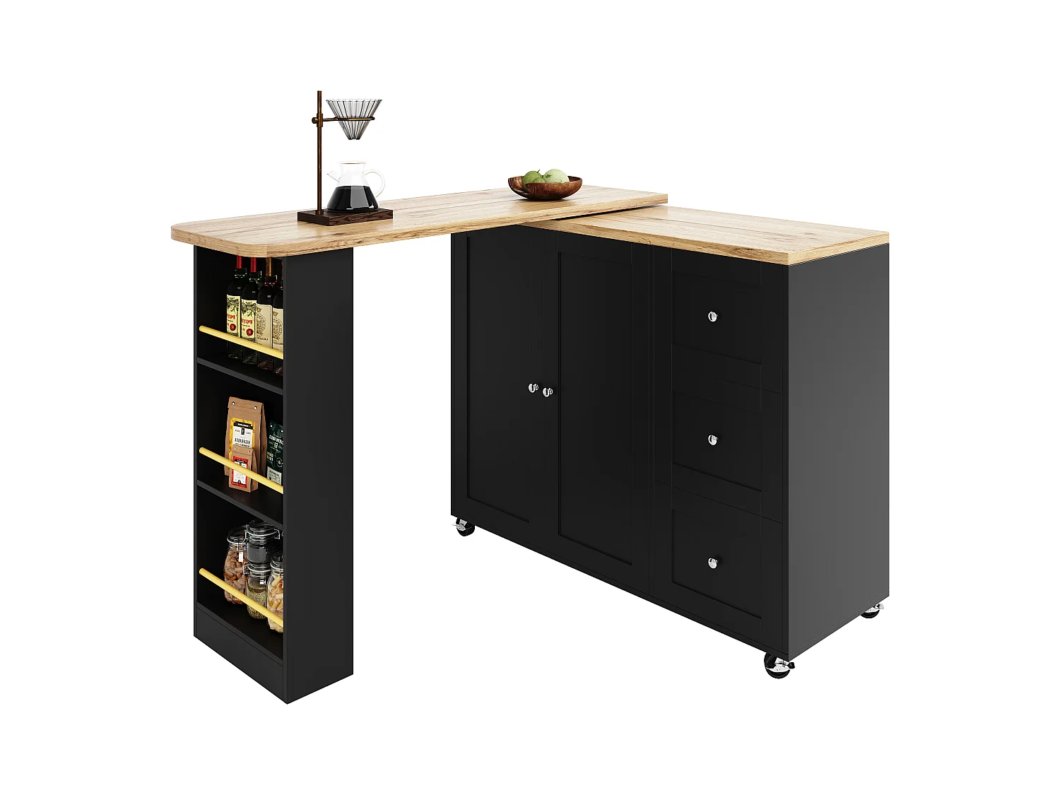 Meuble de bar pivotant sur roulettes avec 2 portes, 3 tiroirs et Étagères,plateau en placage bois naturel clair, corps noir - 209x39x106cm