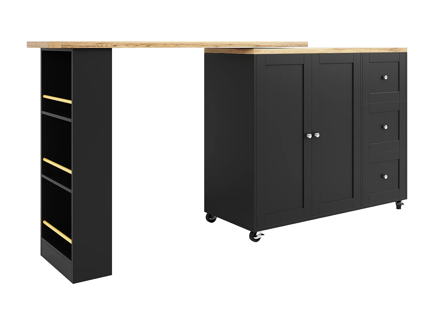 Meuble de bar pivotant sur roulettes avec 2 portes, 3 tiroirs et Étagères,plateau en placage bois naturel clair, corps noir - 209x39x106cm