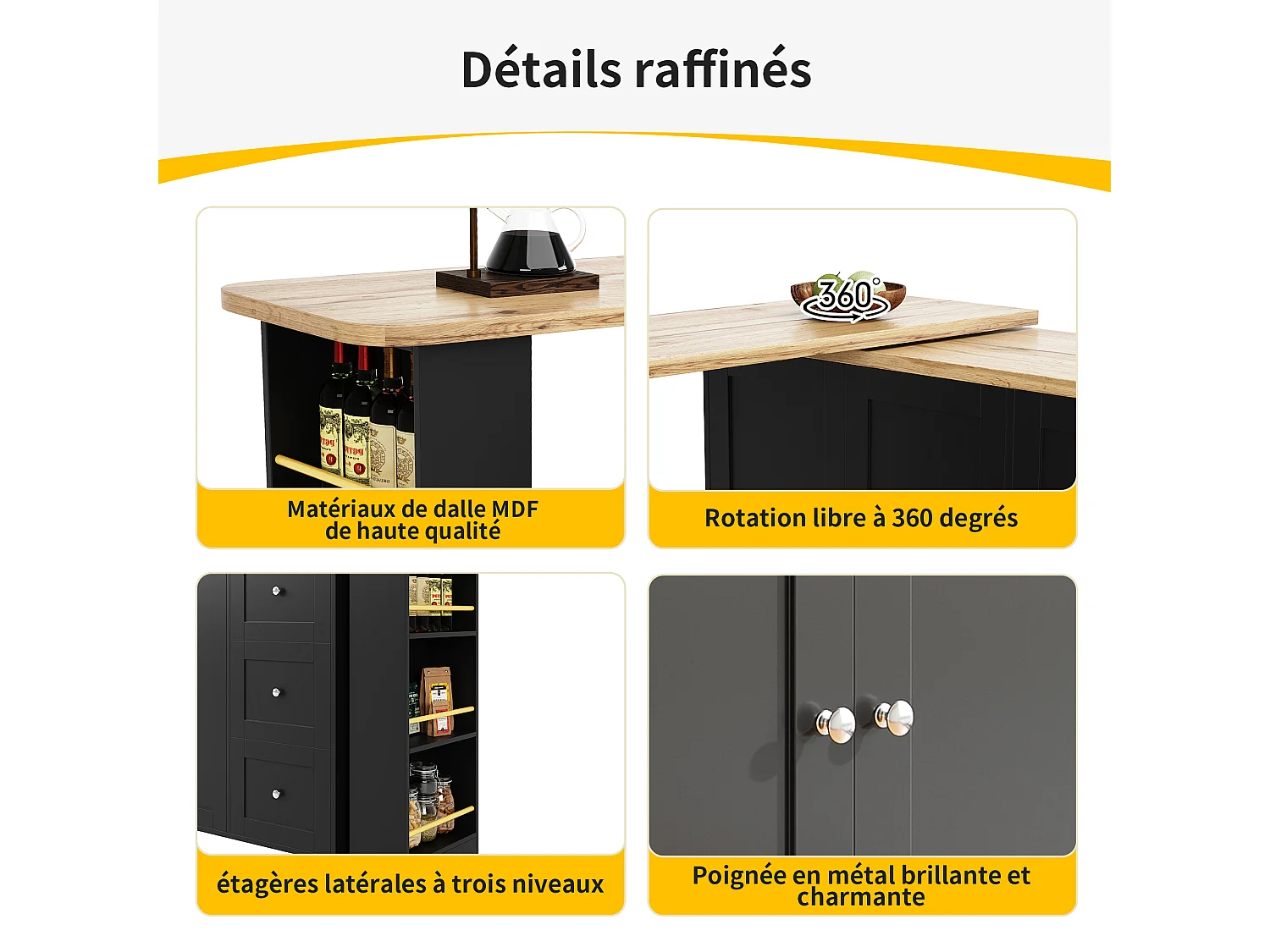 Meuble de bar pivotant sur roulettes avec 2 portes, 3 tiroirs et Étagères,plateau en placage bois naturel clair, corps noir - 209x39x106cm