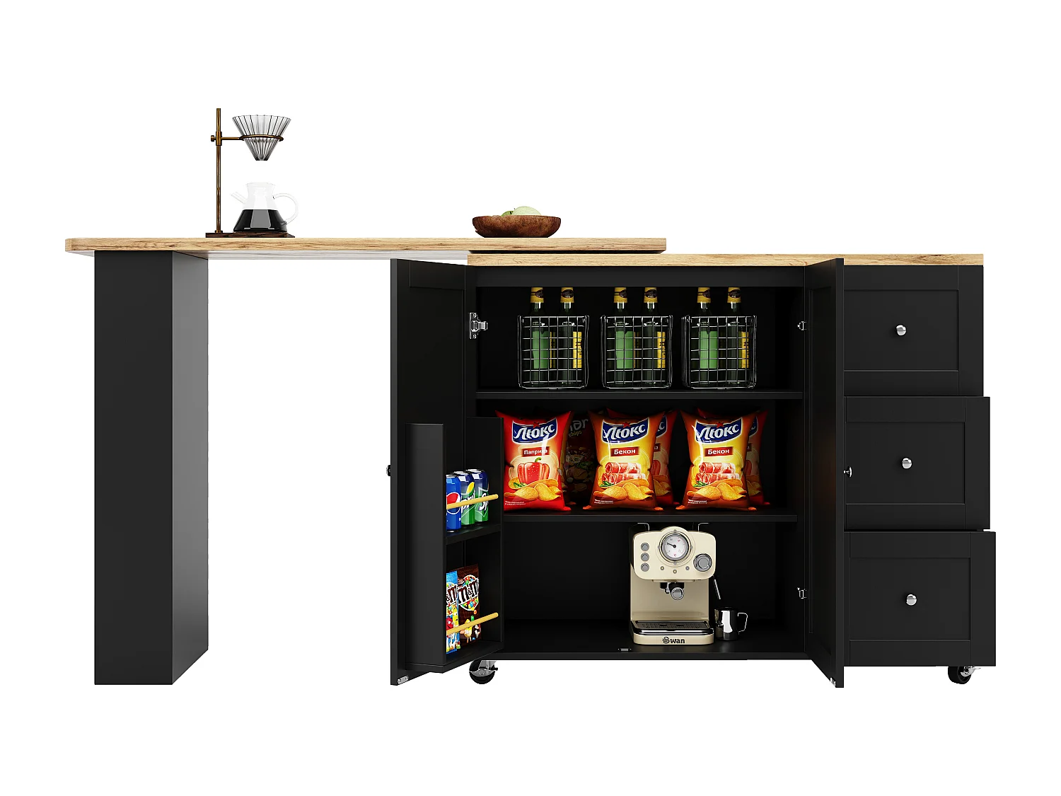 Meuble de bar pivotant sur roulettes avec 2 portes, 3 tiroirs et Étagères,plateau en placage bois naturel clair, corps noir - 209x39x106cm